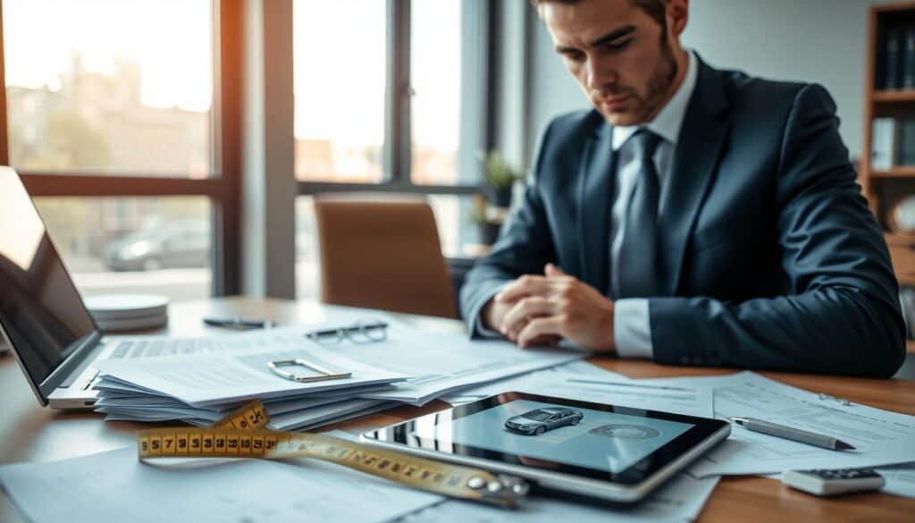 A professional insurance adjuster, dressed in a tailored suit, is intently reviewing documents at a desk cluttered with paperwork and a laptop. In the foreground, a close-up of the adjuster’s focused expression highlights the seriousness of the task. In the middle, the desk is scattered with detailed report files, a measuring tape, and a tablet displaying diagrams of a vehicle. In the background, a large window filters soft, natural light into a modern office space, casting gentle shadows. The atmosphere is one of professionalism and urgency, reflecting the critical role of the adjuster in the claims process. A slight blur on the background elements emphasizes the adjuster’s actions, enhancing the sense of focus and determination. A professional insurance adjuster, dressed in a tailored suit, is intently reviewing documents at a desk cluttered with paperwork and a laptop. In the foreground, a close-up of the adjuster’s focused expression highlights the seriousness of the task. In the middle, the desk is scattered with detailed report files, a measuring tape, and a tablet displaying diagrams of a vehicle. In the background, a large window filters soft, natural light into a modern office space, casting gentle shadows. The atmosphere is one of professionalism and urgency, reflecting the critical role of the adjuster in the claims process. A slight blur on the background elements emphasizes the adjuster’s actions, enhancing the sense of focus and determination.