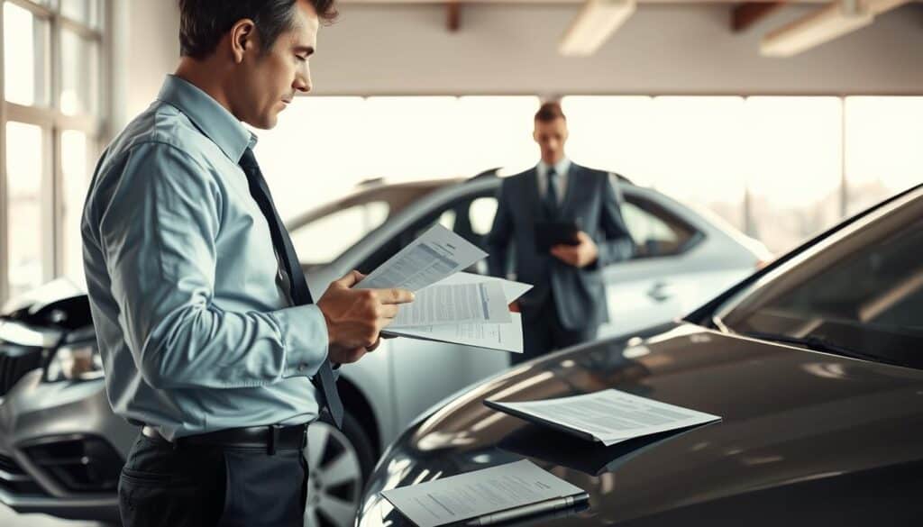 A professional insurance adjuster examining vehicle damage in a well-lit office environment. In the foreground, the adjuster, dressed in formal business attire, is meticulously reviewing papers and laptop data, showcasing the analysis of the damages. The middle ground features a damaged car with visible dents and scratches, while documentation and a digital tablet are present to illustrate the assessment process. In the background, a large window allows soft, natural light to flood the room, creating a focused yet serious atmosphere. The overall mood reflects a sense of diligence and professionalism, emphasizing the thoroughness needed in damage assessment while maintaining clarity in the image composition. A professional insurance adjuster examining vehicle damage in a well-lit office environment. In the foreground, the adjuster, dressed in formal business attire, is meticulously reviewing papers and laptop data, showcasing the analysis of the damages. The middle ground features a damaged car with visible dents and scratches, while documentation and a digital tablet are present to illustrate the assessment process. In the background, a large window allows soft, natural light to flood the room, creating a focused yet serious atmosphere. The overall mood reflects a sense of diligence and professionalism, emphasizing the thoroughness needed in damage assessment while maintaining clarity in the image composition.