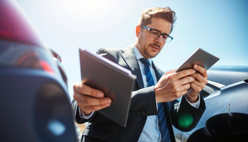 A professional insurance adjuster in a smart business suit examines a damaged vehicle with a clipboard and tools in hand, representing the role of an expert in damage assessment. The foreground features a close-up of the adjuster intently inspecting the vehicle, highlighting their focus and expertise. In the middle ground, a partially visible car reveals dents and scrapes, emphasizing the scene's context. The background shows a sunny day with clear blue skies, suggesting a calm atmosphere despite the situation. The lighting is bright and natural, creating a professional yet approachable mood. The angle captures the adjuster from a slightly low perspective, conveying authority and dedication to their role in the claims process. No text or additional elements present. A professional insurance adjuster in a smart business suit examines a damaged vehicle with a clipboard and tools in hand, representing the role of an expert in damage assessment. The foreground features a close-up of the adjuster intently inspecting the vehicle, highlighting their focus and expertise. In the middle ground, a partially visible car reveals dents and scrapes, emphasizing the scene's context. The background shows a sunny day with clear blue skies, suggesting a calm atmosphere despite the situation. The lighting is bright and natural, creating a professional yet approachable mood. The angle captures the adjuster from a slightly low perspective, conveying authority and dedication to their role in the claims process. No text or additional elements present.