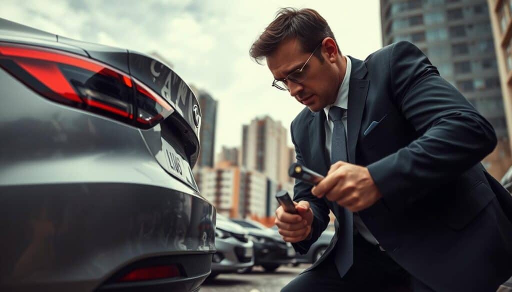 A professional insurance adjuster in business attire examining a damaged vehicle in an urban setting. The foreground features the adjuster closely inspecting the car's rear bumper, with tools in hand, showcasing a focused expression. In the middle ground, damaged vehicles are placed, highlighting various types of damage. A cityscape with buildings under a slightly overcast sky serves as the background, enhancing a mood of seriousness and diligence. Soft natural lighting illuminates the scene, casting gentle shadows that add depth. The angle is slightly low, emphasizing the adjuster's importance in the damage assessment process, while also capturing the environment's context. The overall atmosphere conveys professionalism and the critical role of adjusters in evaluating insurance claims. A professional insurance adjuster in business attire examining a damaged vehicle in an urban setting. The foreground features the adjuster closely inspecting the car's rear bumper, with tools in hand, showcasing a focused expression. In the middle ground, damaged vehicles are placed, highlighting various types of damage. A cityscape with buildings under a slightly overcast sky serves as the background, enhancing a mood of seriousness and diligence. Soft natural lighting illuminates the scene, casting gentle shadows that add depth. The angle is slightly low, emphasizing the adjuster's importance in the damage assessment process, while also capturing the environment's context. The overall atmosphere conveys professionalism and the critical role of adjusters in evaluating insurance claims.