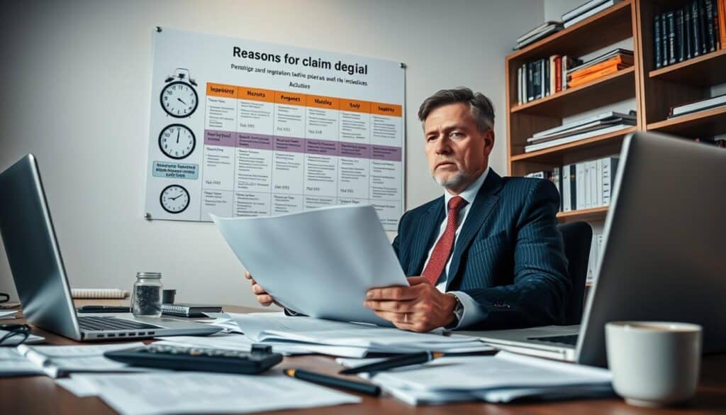 A professional insurance adjuster in business attire sitting at a desk cluttered with paperwork and a laptop, examining a large insurance claims file. In the foreground, a calculator, a pen, and a cup of coffee. The middle ground features a wall-mounted chart illustrating reasons for claim denial, with clear and concise images symbolizing each reason, such as a clock representing time limits and a magnifying glass symbolizing scrutiny. Soft, diffused lighting enhances the atmosphere, suggesting a serious yet contemplative mood. The background includes shelves filled with books about insurance regulations and policies, creating an environment of expertise and professionalism. The angle is slightly angled downwards, focusing on the adjuster and the paperwork on the desk. A professional insurance adjuster in business attire sitting at a desk cluttered with paperwork and a laptop, examining a large insurance claims file. In the foreground, a calculator, a pen, and a cup of coffee. The middle ground features a wall-mounted chart illustrating reasons for claim denial, with clear and concise images symbolizing each reason, such as a clock representing time limits and a magnifying glass symbolizing scrutiny. Soft, diffused lighting enhances the atmosphere, suggesting a serious yet contemplative mood. The background includes shelves filled with books about insurance regulations and policies, creating an environment of expertise and professionalism. The angle is slightly angled downwards, focusing on the adjuster and the paperwork on the desk.