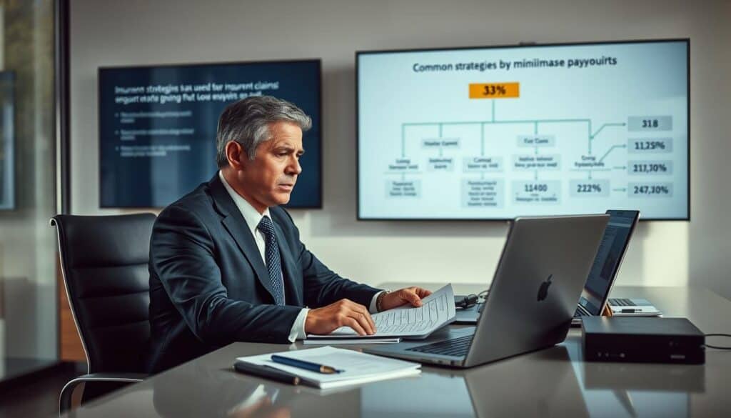 A professional insurance advisor sitting at a sleek, modern office desk, reviewing documents and laptop displays that show various charts and figures related to insurance claims. The advisor, a middle-aged individual in a smart business suit, looks concerned as they analyze data. In the background, a wall-mounted screen displays a flowchart illustrating common strategies used by insurers to minimize payouts. Soft, natural light filters through large windows, creating an atmosphere of seriousness and focus. The composition emphasizes the themes of diligence and scrutiny in the insurance industry, highlighting the complexities of claims adjustment processes without personalizing the narrative. The overall mood is contemplative and informative, capturing the essence of the challenges faced by clients in securing fair compensation.