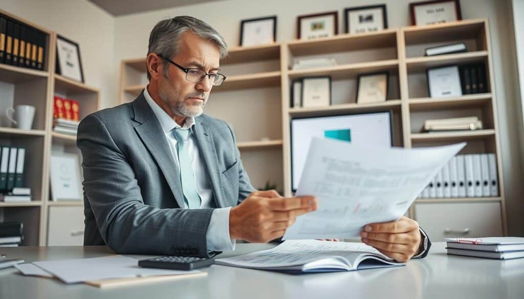 A professional insurance claims adjuster analyzing a car accident damage report at a bright, modern office desk. In the foreground, a focused middle-aged man in a crisp suit meticulously examines documents, highlighting the role of insurers in the claims process. The middle ground features a computer screen displaying graphs and statistics related to claims settlement, alongside tools like a calculator and a notepad. The background includes shelves filled with insurance books and framed certificates, emphasizing professionalism. Soft, natural lighting streams through a large window, creating an atmosphere of diligence and attention to detail. The camera angle is slightly elevated, capturing the scene with clear depth while maintaining a sharp focus on the adjuster. A professional insurance claims adjuster analyzing a car accident damage report at a bright, modern office desk. In the foreground, a focused middle-aged man in a crisp suit meticulously examines documents, highlighting the role of insurers in the claims process. The middle ground features a computer screen displaying graphs and statistics related to claims settlement, alongside tools like a calculator and a notepad. The background includes shelves filled with insurance books and framed certificates, emphasizing professionalism. Soft, natural lighting streams through a large window, creating an atmosphere of diligence and attention to detail. The camera angle is slightly elevated, capturing the scene with clear depth while maintaining a sharp focus on the adjuster.