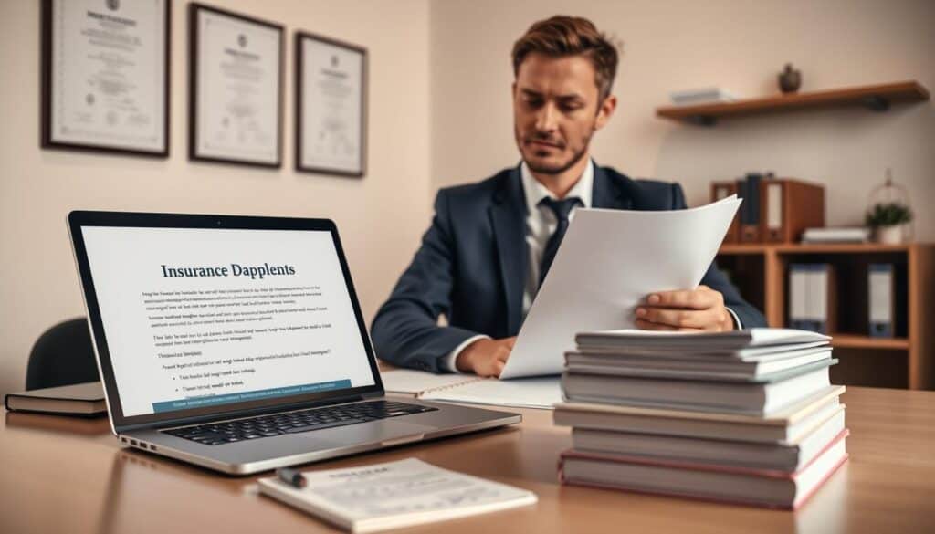 A professional legal advisor sitting at a modern desk, reviewing insurance documents under soft, warm lighting. In the foreground, a laptop displays a digital application form for an appeal against an insurance decision. The middle ground features neatly stacked legal books and a notepad with handwritten notes. In the background, a wall has framed certificates and a subtle shelf with legal references. The overall atmosphere conveys a sense of trust and professionalism, emphasizing the importance of legal assistance in insurance claims. The advisor wears a smart business suit, reflecting urgency and dedication in guiding clients through the appeals process, illustrating the theme of legal recourse in insurance disputes. A professional legal advisor sitting at a modern desk, reviewing insurance documents under soft, warm lighting. In the foreground, a laptop displays a digital application form for an appeal against an insurance decision. The middle ground features neatly stacked legal books and a notepad with handwritten notes. In the background, a wall has framed certificates and a subtle shelf with legal references. The overall atmosphere conveys a sense of trust and professionalism, emphasizing the importance of legal assistance in insurance claims. The advisor wears a smart business suit, reflecting urgency and dedication in guiding clients through the appeals process, illustrating the theme of legal recourse in insurance disputes.