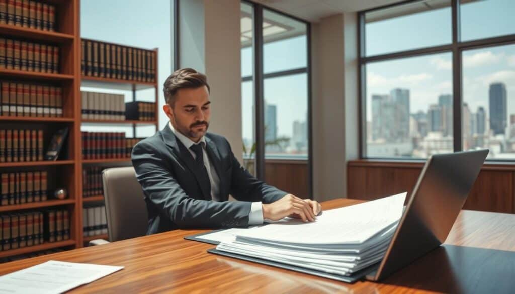 A professional, modern office environment as the backdrop, showcasing a legal expert reviewing insurance claim documents. In the foreground, a focused individual in formal business attire sits at a polished wooden desk, surrounded by files and a laptop, highlighting the process of pursuing insurance compensation. The middle ground features shelves filled with law books and a large window allowing natural light to flood the room, creating a bright atmosphere. In the background, a city skyline can be seen through the window, symbolizing the broader context of insurance law. The lighting is warm and inviting, adding a sense of professionalism and seriousness to the scene, while the angle captures the expert's concentration on the task at hand. A professional, modern office environment as the backdrop, showcasing a legal expert reviewing insurance claim documents. In the foreground, a focused individual in formal business attire sits at a polished wooden desk, surrounded by files and a laptop, highlighting the process of pursuing insurance compensation. The middle ground features shelves filled with law books and a large window allowing natural light to flood the room, creating a bright atmosphere. In the background, a city skyline can be seen through the window, symbolizing the broader context of insurance law. The lighting is warm and inviting, adding a sense of professionalism and seriousness to the scene, while the angle captures the expert's concentration on the task at hand.