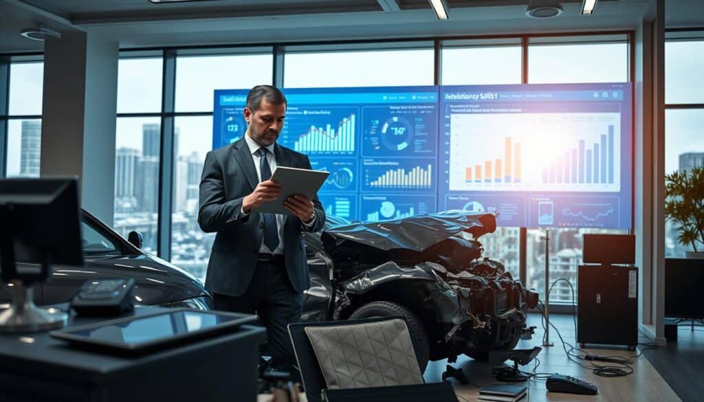 A professional, modern office setting showcasing the process of vehicular damage assessment and claims settlement. In the foreground, a well-dressed insurance adjuster, wearing a business suit, analyzes a detailed report on a tablet while standing beside a damaged car surrounded by electronic devices. The middle ground features a large interactive screen displaying graphs and data analytics related to accident statistics and settlement trends. In the background, large windows reveal a bustling cityscape, symbolizing modern technology's impact on the insurance industry. The lighting is bright and focused, casting soft shadows to enhance clarity. The atmosphere is one of innovation and professionalism, highlighting how technology influences damage claims processing. A professional, modern office setting showcasing the process of vehicular damage assessment and claims settlement. In the foreground, a well-dressed insurance adjuster, wearing a business suit, analyzes a detailed report on a tablet while standing beside a damaged car surrounded by electronic devices. The middle ground features a large interactive screen displaying graphs and data analytics related to accident statistics and settlement trends. In the background, large windows reveal a bustling cityscape, symbolizing modern technology's impact on the insurance industry. The lighting is bright and focused, casting soft shadows to enhance clarity. The atmosphere is one of innovation and professionalism, highlighting how technology influences damage claims processing.