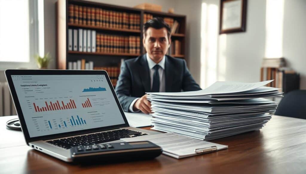 A professional office environment depicting an insurance claims manager seated at a desk, analyzing documents related to compensation claims. The foreground features a laptop with financial data and charts displayed. In the middle, a stack of insurance claim files, with a partially visible calculator and notepad. The background includes a bookshelf filled with law books and a framed certificate on the wall. Soft, natural lighting streams through a window, casting gentle shadows across the desk. The mood is serious and contemplative, reflecting the weight of decision-making in the insurance industry. The image is shot from a slightly elevated angle, emphasizing the complexity of navigating claims while ensuring professionalism and integrity. A professional office environment depicting an insurance claims manager seated at a desk, analyzing documents related to compensation claims. The foreground features a laptop with financial data and charts displayed. In the middle, a stack of insurance claim files, with a partially visible calculator and notepad. The background includes a bookshelf filled with law books and a framed certificate on the wall. Soft, natural lighting streams through a window, casting gentle shadows across the desk. The mood is serious and contemplative, reflecting the weight of decision-making in the insurance industry. The image is shot from a slightly elevated angle, emphasizing the complexity of navigating claims while ensuring professionalism and integrity.