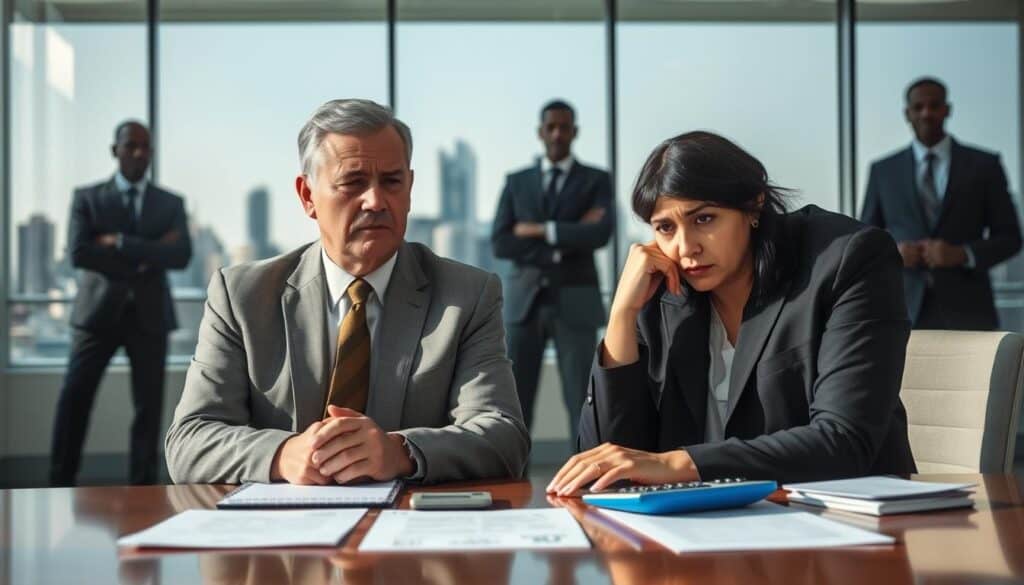 A professional office environment with a focus on an official meeting between an insurance adjuster and a concerned client. In the foreground, a well-dressed insurance adjuster, a middle-aged Caucasian man in a suit and tie, sits across from a worried client, a woman of Asian descent in modest professional attire. On the conference table are documents and a calculator, symbolizing the assessment of compensation values. In the middle ground, a large window reveals a city skyline, creating a sense of professionalism. The lighting is bright and natural, highlighting the expressions of concern and frustration on the client’s face. The atmosphere is tense, embodying the emotional weight of undercompensation discussions, as shadowy figures in the background symbolize industry bureaucracy.