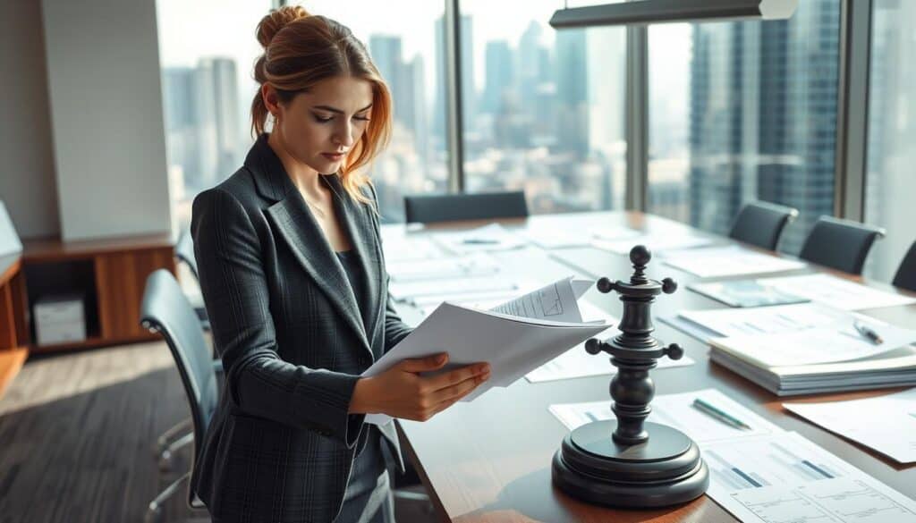 A professional office setting depicting a legal expert reviewing documents related to insurance claims processing. In the foreground, a focused female lawyer in a smart blazer examines a stack of official paperwork, highlighting the importance of legal regulations in damage liquidation. The middle ground features a large conference table scattered with charts and evidence files, while a glass window in the background reveals a city skyline under natural daylight, symbolizing transparency in the legal process. Soft, natural lighting creates a calm yet serious atmosphere, enhancing the somber nature of legal decision-making. The scene conveys a sense of professionalism and diligence, emphasizing the significance of regulations in damage claims. A professional office setting depicting a legal expert reviewing documents related to insurance claims processing. In the foreground, a focused female lawyer in a smart blazer examines a stack of official paperwork, highlighting the importance of legal regulations in damage liquidation. The middle ground features a large conference table scattered with charts and evidence files, while a glass window in the background reveals a city skyline under natural daylight, symbolizing transparency in the legal process. Soft, natural lighting creates a calm yet serious atmosphere, enhancing the somber nature of legal decision-making. The scene conveys a sense of professionalism and diligence, emphasizing the significance of regulations in damage claims.