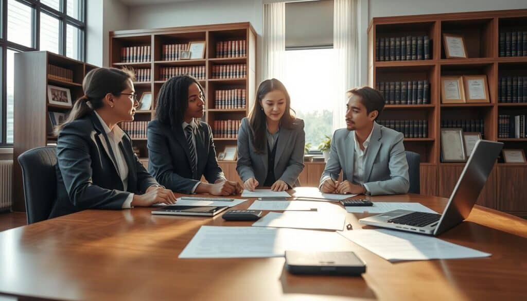 A professional office setting depicting an insurance appeals process. In the foreground, a diverse group of three people in formal business attire, engaged in a focused discussion around a table covered with documents including insurance paperwork, a laptop, and a calculator. The middle ground includes a large window filtering in soft, natural light, casting gentle shadows on the polished wooden floor, creating a calm and serious atmosphere. The background showcases shelves filled with legal books and framed certificates, symbolizing expertise and professionalism. The scene conveys a sense of determination and collaboration, emphasizing the importance of navigating insurance appeals. The image should be sharp and well-lit, with an angle that captures all elements harmoniously. A professional office setting depicting an insurance appeals process. In the foreground, a diverse group of three people in formal business attire, engaged in a focused discussion around a table covered with documents including insurance paperwork, a laptop, and a calculator. The middle ground includes a large window filtering in soft, natural light, casting gentle shadows on the polished wooden floor, creating a calm and serious atmosphere. The background showcases shelves filled with legal books and framed certificates, symbolizing expertise and professionalism. The scene conveys a sense of determination and collaboration, emphasizing the importance of navigating insurance appeals. The image should be sharp and well-lit, with an angle that captures all elements harmoniously.