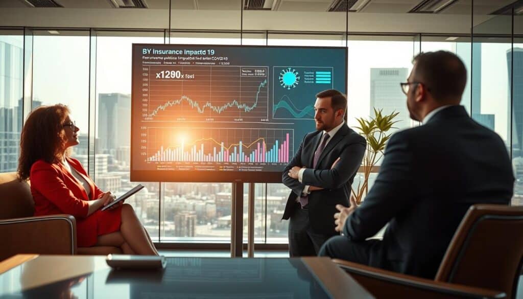 A professional office setting in the foreground, featuring a diverse group of three individuals in business attire discussing insurance policies impacted by COVID-19. In the middle, a large digital screen displaying fluctuating graphs and data related to insurance claims, with visuals hinting at the pandemic's effects, like a virus illustration subtly integrated into the graphs. The background shows a modern office environment with clear glass windows, sunlight streaming in, casting soft shadows, and a view of a cityscape outside. The mood is serious and contemplative, reflecting the complexities faced by insurers during the pandemic, aiming to portray a sense of urgency and professionalism. The scene is captured with a wide-angle lens, conveying a spacious atmosphere.