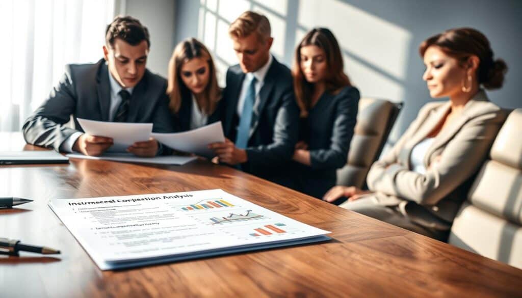 A professional office setting with a large wooden conference table in the foreground. On one side, a diverse group of three business professionals, a man and two women, dressed in business attire, are intently reviewing documents related to an insurance claim. In the middle, a detailed close-up of a claim form highlighting sections like "denial reason" and "compensation analysis," with multiple graphs and charts indicating a lower compensation than expected. The background reveals a bright window with natural light pouring in, casting soft shadows on the scene, enhancing the serious mood. The atmosphere is focused and analytical, capturing the essence of scrutinizing claims and the implications of denials, suitable for the section on claims rejection analysis. A professional office setting with a large wooden conference table in the foreground. On one side, a diverse group of three business professionals, a man and two women, dressed in business attire, are intently reviewing documents related to an insurance claim. In the middle, a detailed close-up of a claim form highlighting sections like "denial reason" and "compensation analysis," with multiple graphs and charts indicating a lower compensation than expected. The background reveals a bright window with natural light pouring in, casting soft shadows on the scene, enhancing the serious mood. The atmosphere is focused and analytical, capturing the essence of scrutinizing claims and the implications of denials, suitable for the section on claims rejection analysis.
