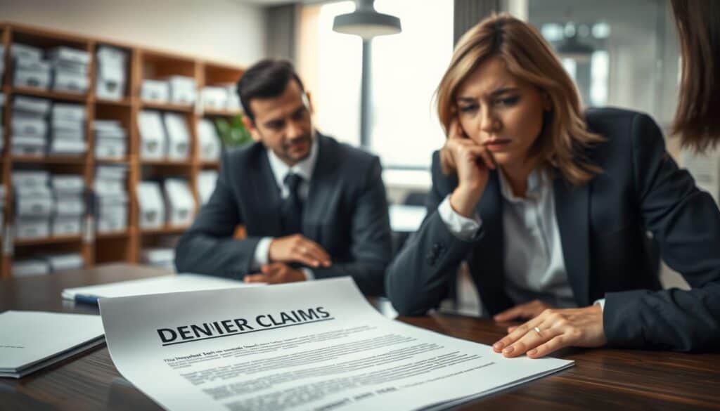 A professional office space filled with tension, featuring a close-up view of a desk with a denied insurance claim letter prominently displayed. In the foreground, a pair of well-dressed business professionals, one male and one female, are engaged in a serious discussion, their expressions reflecting concern and frustration. The background shows a blurred office environment with shelves of insurance policy documents and a conference table, hinting at a corporate setting. Soft natural light streams through a window, creating a somber atmosphere that matches the gravity of the situation. The focus is on the emotional impact of denied claims and the reasons behind them, emphasizing professionalism and seriousness without any distractions or text. A professional office space filled with tension, featuring a close-up view of a desk with a denied insurance claim letter prominently displayed. In the foreground, a pair of well-dressed business professionals, one male and one female, are engaged in a serious discussion, their expressions reflecting concern and frustration. The background shows a blurred office environment with shelves of insurance policy documents and a conference table, hinting at a corporate setting. Soft natural light streams through a window, creating a somber atmosphere that matches the gravity of the situation. The focus is on the emotional impact of denied claims and the reasons behind them, emphasizing professionalism and seriousness without any distractions or text.