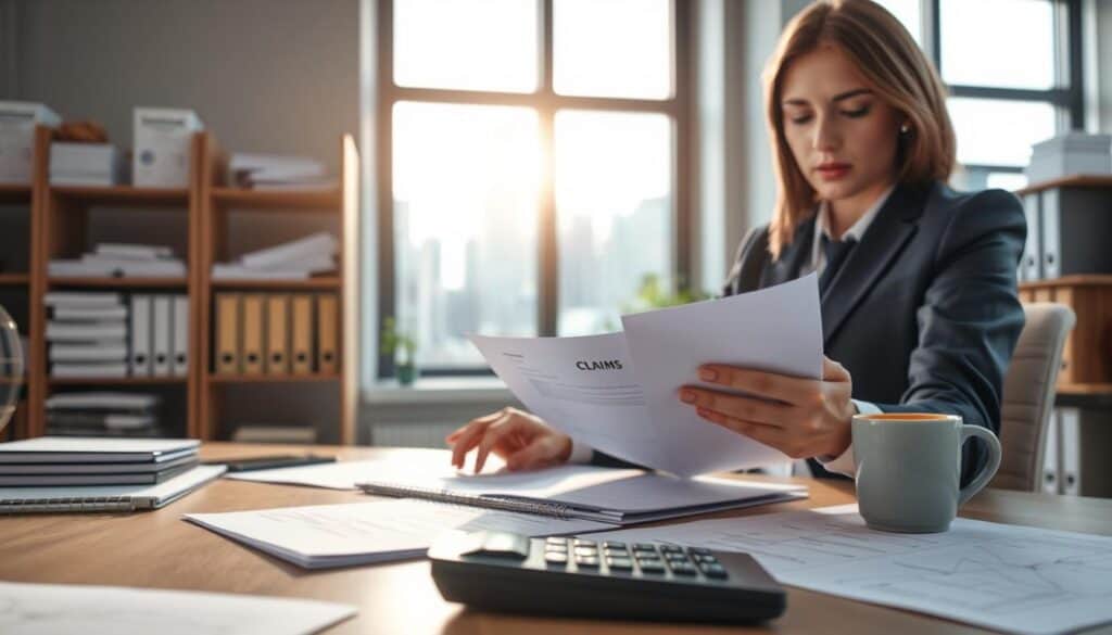 A professional setting depicting the claims procedure for insurance adjustments. In the foreground, an office desk with neatly arranged documents, a calculator, and a cup of coffee. A professional person in business attire is reviewing a claim form, looking focused and contemplative. In the middle layer, a large window lets in natural light, highlighting a cityscape outside, symbolizing a bustling world of insurance. In the background, shelves filled with files and insurance brochures give context to the office environment. The atmosphere is serious yet hopeful, emphasizing a diligent approach to the claim process. Soft lighting creates a warm ambiance, while a slight depth of field highlights the foreground details. The image should evoke professionalism and the importance of thorough claims handling. A professional setting depicting the claims procedure for insurance adjustments. In the foreground, an office desk with neatly arranged documents, a calculator, and a cup of coffee. A professional person in business attire is reviewing a claim form, looking focused and contemplative. In the middle layer, a large window lets in natural light, highlighting a cityscape outside, symbolizing a bustling world of insurance. In the background, shelves filled with files and insurance brochures give context to the office environment. The atmosphere is serious yet hopeful, emphasizing a diligent approach to the claim process. Soft lighting creates a warm ambiance, while a slight depth of field highlights the foreground details. The image should evoke professionalism and the importance of thorough claims handling.