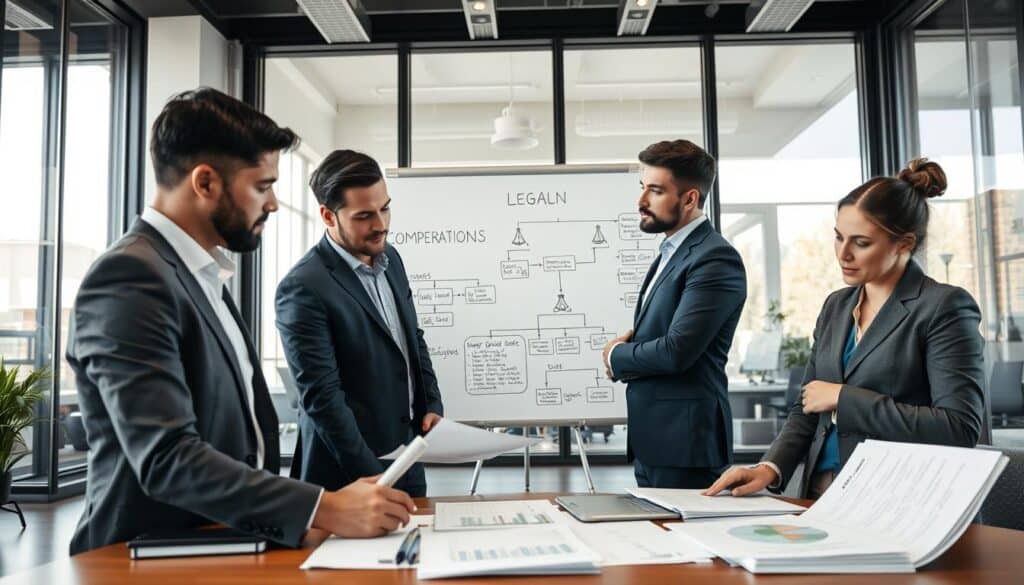A professional setting depicting the concept of legal regulations affecting compensation amounts. In the foreground, a diverse group of professionals in business attire discusses documents and graphs related to compensation regulations, showcasing deep concentration and engagement. In the middle ground, a large whiteboard displays a flowchart of legal processes and compensation figures, emphasizing structured analysis. The background features a modern office environment with large windows letting in soft natural light, enhancing the atmosphere of productivity and seriousness. The overall mood is focused and analytical, conveying a sense of urgency and professionalism in navigating the complexities of legal frameworks and their impact on compensation. Capture this with a clear, wide-angle perspective to highlight the collaborative dynamics. A professional setting depicting the concept of legal regulations affecting compensation amounts. In the foreground, a diverse group of professionals in business attire discusses documents and graphs related to compensation regulations, showcasing deep concentration and engagement. In the middle ground, a large whiteboard displays a flowchart of legal processes and compensation figures, emphasizing structured analysis. The background features a modern office environment with large windows letting in soft natural light, enhancing the atmosphere of productivity and seriousness. The overall mood is focused and analytical, conveying a sense of urgency and professionalism in navigating the complexities of legal frameworks and their impact on compensation. Capture this with a clear, wide-angle perspective to highlight the collaborative dynamics.