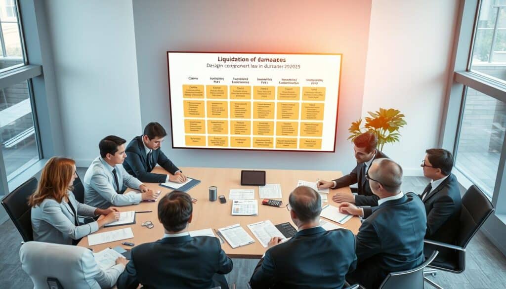 A professional setting depicting the "liquidation of damages" process in insurance law in Germany. In the foreground, a diverse group of professionals in business attire are discussing documents and calculations at a large conference table, showcasing collaboration and analysis. In the middle ground, a detailed chart illustrating claims and compensation processes is displayed on a screen, representing the complexities of insurance law. The background features a modern office with large windows allowing natural light, creating a bright and informative atmosphere. Use a high-angle perspective to capture the interaction among the team while emphasizing the focus on documentation and technology. The overall mood should be serious yet hopeful, reflecting the pursuit of fair compensation in insurance. A professional setting depicting the "liquidation of damages" process in insurance law in Germany. In the foreground, a diverse group of professionals in business attire are discussing documents and calculations at a large conference table, showcasing collaboration and analysis. In the middle ground, a detailed chart illustrating claims and compensation processes is displayed on a screen, representing the complexities of insurance law. The background features a modern office with large windows allowing natural light, creating a bright and informative atmosphere. Use a high-angle perspective to capture the interaction among the team while emphasizing the focus on documentation and technology. The overall mood should be serious yet hopeful, reflecting the pursuit of fair compensation in insurance.
