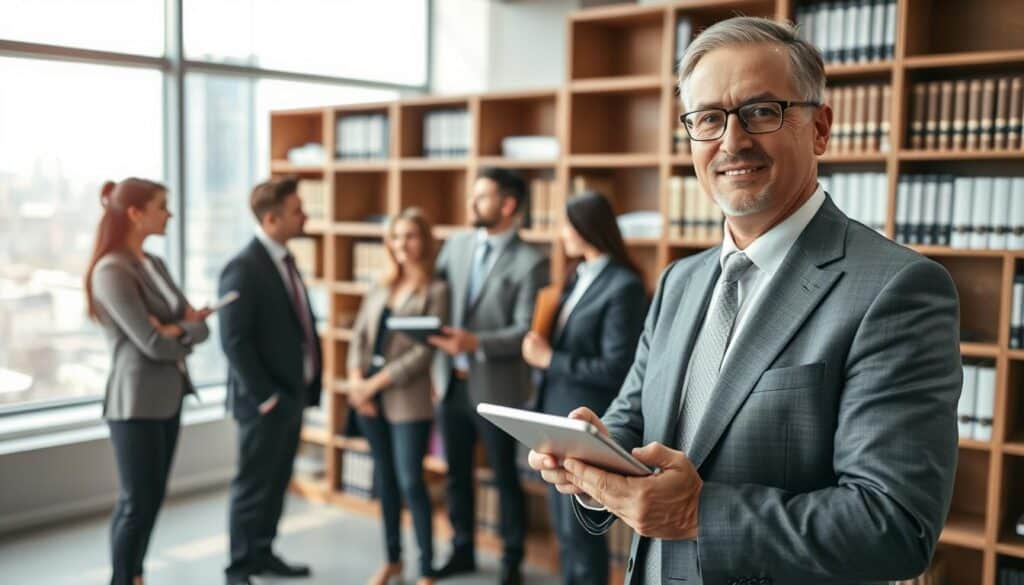 A professional setting illustrating expert support in a claims process context. In the foreground, a middle-aged man in a tailored suit stands with a confident expression, holding a tablet and discussing case details with a diverse group of clients, all dressed in smart business attire. The middle layer features a well-organized office with bookshelves filled with legal and insurance documents, and a large window letting in natural light, casting soft shadows. In the background, a cityscape visible through the window, suggesting a vibrant urban environment. The atmosphere is focused and reassuring, emphasizing expertise and professionalism in guidance. The soft, warm lighting emphasizes a sense of trust and support. A professional setting illustrating expert support in a claims process context. In the foreground, a middle-aged man in a tailored suit stands with a confident expression, holding a tablet and discussing case details with a diverse group of clients, all dressed in smart business attire. The middle layer features a well-organized office with bookshelves filled with legal and insurance documents, and a large window letting in natural light, casting soft shadows. In the background, a cityscape visible through the window, suggesting a vibrant urban environment. The atmosphere is focused and reassuring, emphasizing expertise and professionalism in guidance. The soft, warm lighting emphasizes a sense of trust and support.