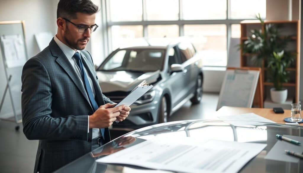 A professional setting showcasing an insurance adjuster evaluating vehicle damages after an accident. In the foreground, a focused individual in a smart business suit examines a dented car hood with a clipboard in hand, precise expression reflecting analytical thought. In the middle ground, a damaged vehicle with various visible repairs and assessments highlighted. The background features a modern office environment with charts and policy documents on a nearby desk, indicative of an insurance agency. Soft natural lighting filters through a large window, enhancing the atmosphere of professionalism and diligence. The scene draws attention to the meticulous process of damage assessment, emphasizing the serious mood of the evaluation. A professional setting showcasing an insurance adjuster evaluating vehicle damages after an accident. In the foreground, a focused individual in a smart business suit examines a dented car hood with a clipboard in hand, precise expression reflecting analytical thought. In the middle ground, a damaged vehicle with various visible repairs and assessments highlighted. The background features a modern office environment with charts and policy documents on a nearby desk, indicative of an insurance agency. Soft natural lighting filters through a large window, enhancing the atmosphere of professionalism and diligence. The scene draws attention to the meticulous process of damage assessment, emphasizing the serious mood of the evaluation.