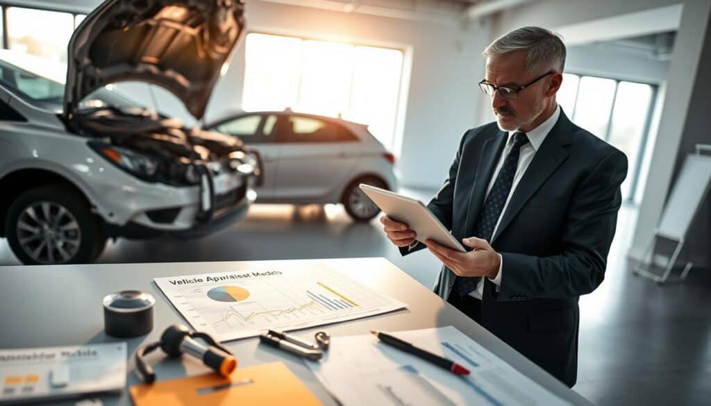 A professional vehicle appraiser examining a damaged car in a bright, modern office setting. In the foreground, the appraiser, a middle-aged man in a smart business suit, is using a tablet to assess the damage. The middle ground features technical tools for assessing vehicle damage and charts showcasing valuation models. In the background, large windows let in natural light, illuminating a sleek desk with industry-related documents. The mood is focused and analytical, reflecting a serious professional atmosphere. Use soft lighting to create a warm yet serious tone, emphasizing the importance of accuracy in the assessment process. The angle should be slightly from above to capture both the appraiser's focused expression and the detailed work environment.