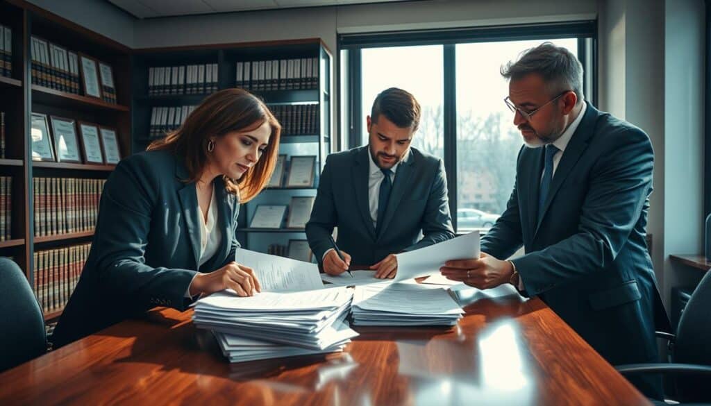 A professional, well-lit office environment depicting a lawyer analyzing legal documents regarding insurance claims. In the foreground, a diverse group of three professionals, dressed in business attire, are intensely discussing a stack of files and reports on a polished wooden table. The middle layer includes a large window allowing natural light to stream in, illuminating the documents with a warm glow. In the background, shelves lined with legal books and certificates create a scholarly atmosphere. Soft shadows and reflections on the glass emphasize a feeling of seriousness and focus, as they delve into the complexities of legal claims and compensation mechanisms. The overall mood is one of professionalism and determination, reflecting the gravity of the subject. A professional, well-lit office environment depicting a lawyer analyzing legal documents regarding insurance claims. In the foreground, a diverse group of three professionals, dressed in business attire, are intensely discussing a stack of files and reports on a polished wooden table. The middle layer includes a large window allowing natural light to stream in, illuminating the documents with a warm glow. In the background, shelves lined with legal books and certificates create a scholarly atmosphere. Soft shadows and reflections on the glass emphasize a feeling of seriousness and focus, as they delve into the complexities of legal claims and compensation mechanisms. The overall mood is one of professionalism and determination, reflecting the gravity of the subject.