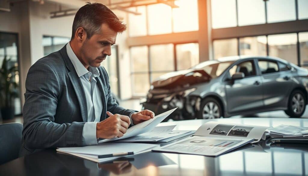 A scene capturing the process of insurance damage assessment in a professional environment. In the foreground, a diligent insurance adjuster, dressed in business attire, reviews documents and photographs of vehicle damage on a sleek table. The middle ground features a partially damaged car, illustrating the effects of an accident, with clear damage details visible. In the background, a modern office environment with large windows allowing natural light to flood the space, creating a warm yet serious atmosphere. The adjuster's focused expression reflects determination and professionalism. Soft shadows are cast from the overhead lights, enhancing the sense of realism and depth. The mood is one of reflection and thorough investigation, symbolizing a critical moment in the claims process. A scene capturing the process of insurance damage assessment in a professional environment. In the foreground, a diligent insurance adjuster, dressed in business attire, reviews documents and photographs of vehicle damage on a sleek table. The middle ground features a partially damaged car, illustrating the effects of an accident, with clear damage details visible. In the background, a modern office environment with large windows allowing natural light to flood the space, creating a warm yet serious atmosphere. The adjuster's focused expression reflects determination and professionalism. Soft shadows are cast from the overhead lights, enhancing the sense of realism and depth. The mood is one of reflection and thorough investigation, symbolizing a critical moment in the claims process.