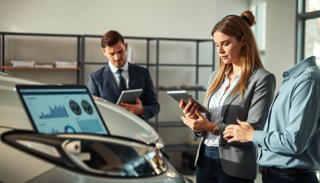 A scene depicting insurance assessors evaluating vehicle damage in a modern office. In the foreground, a professional male and female assessor are intently examining a car's damaged front bumper, taking notes and using a tablet to document their findings. The assessors wear smart business attire, with soft, diffused lighting illuminating their focused expressions. In the middle ground, an open laptop displays damage assessment software, with charts and graphs visible. The background features shelves with automotive reference books and a large window letting in natural light, casting gentle shadows. The mood is serious and analytical, emphasizing the importance of accurate damage assessment for insurance evaluation. The composition captures a professional atmosphere, with attention to detail and clarity, ensuring a realistic representation of the assessment process. A scene depicting insurance assessors evaluating vehicle damage in a modern office. In the foreground, a professional male and female assessor are intently examining a car's damaged front bumper, taking notes and using a tablet to document their findings. The assessors wear smart business attire, with soft, diffused lighting illuminating their focused expressions. In the middle ground, an open laptop displays damage assessment software, with charts and graphs visible. The background features shelves with automotive reference books and a large window letting in natural light, casting gentle shadows. The mood is serious and analytical, emphasizing the importance of accurate damage assessment for insurance evaluation. The composition captures a professional atmosphere, with attention to detail and clarity, ensuring a realistic representation of the assessment process.