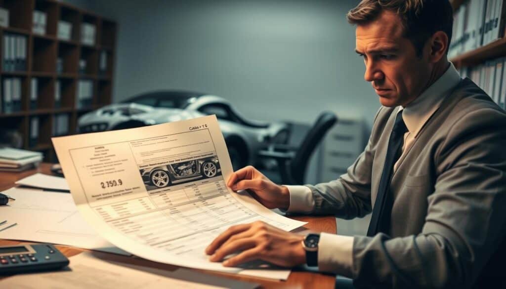 A somber office environment depicting a professional setting where a claims adjuster, dressed in business attire, examines an insurance claim document on a desk filled with papers and a calculator. In the foreground, the adjuster looks over the document with a furrowed brow, conveying concern about the accuracy of damage assessment. The middle ground features a close-up of a damaged vehicle and detailed repair estimates, highlighting discrepancies in value. The background shows a dimly lit office with shelves lined with folders, creating a serious atmosphere. Soft, overcast lighting enhances the mood of scrutiny and tension, while a slight tilt angle captures the depth of the scene, emphasizing the importance of proper valuation in insurance claims. A somber office environment depicting a professional setting where a claims adjuster, dressed in business attire, examines an insurance claim document on a desk filled with papers and a calculator. In the foreground, the adjuster looks over the document with a furrowed brow, conveying concern about the accuracy of damage assessment. The middle ground features a close-up of a damaged vehicle and detailed repair estimates, highlighting discrepancies in value. The background shows a dimly lit office with shelves lined with folders, creating a serious atmosphere. Soft, overcast lighting enhances the mood of scrutiny and tension, while a slight tilt angle captures the depth of the scene, emphasizing the importance of proper valuation in insurance claims.