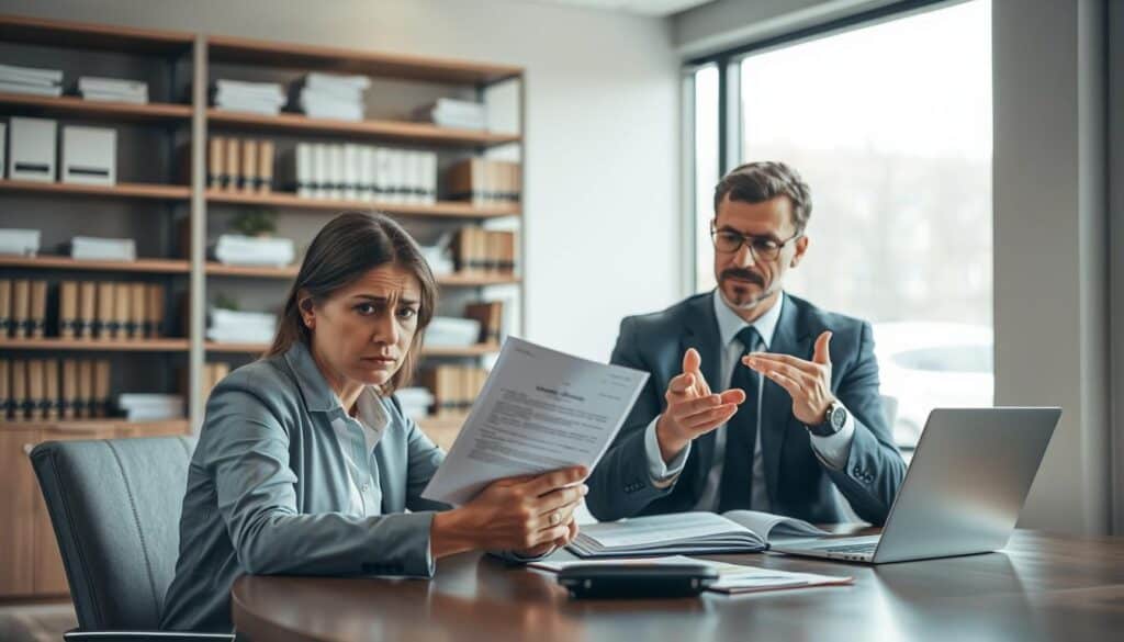 A visual representation of the concept of "Insurance Providers' Responsibility for Underpaid Compensation," depicting a scene in an office environment. In the foreground, a concerned client, dressed in professional attire, sits at a conference table, holding a document with a distressed expression. In the middle ground, a suited insurance representative, looking serious yet empathetic, gestures towards the document, emphasizing the discussion about compensation. In the background, shelves filled with insurance policies and legal books create a professional ambiance. Soft, natural lighting filters in through a large window, casting gentle shadows and creating a reflective atmosphere. The overall mood is serious and contemplative, highlighting the weight of financial responsibility and accountability. A visual representation of the concept of "Insurance Providers' Responsibility for Underpaid Compensation," depicting a scene in an office environment. In the foreground, a concerned client, dressed in professional attire, sits at a conference table, holding a document with a distressed expression. In the middle ground, a suited insurance representative, looking serious yet empathetic, gestures towards the document, emphasizing the discussion about compensation. In the background, shelves filled with insurance policies and legal books create a professional ambiance. Soft, natural lighting filters in through a large window, casting gentle shadows and creating a reflective atmosphere. The overall mood is serious and contemplative, highlighting the weight of financial responsibility and accountability.