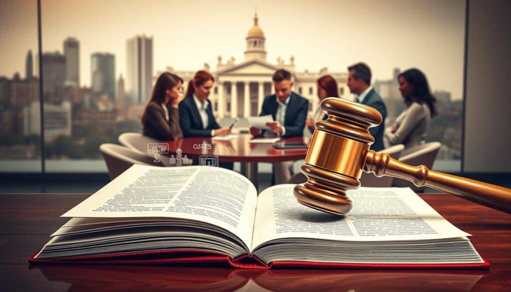 A visually engaging depiction of shifting legal regulations, featuring a conceptual representation of law books morphing into digital symbols, symbolizing the evolution of legal frameworks. In the foreground, a clear glass gavel rests atop open law volumes, reflecting contemporary elements like smartphones and tablets that signify modernization. The middle ground includes a diverse group of professionals in business attire, discussing animatedly around a round table, analyzing documents with intense focus. In the background, a faint skyline of a modern city merges with classical courthouse architecture, illustrating the contrast between tradition and innovation. The lighting is warm yet focused, creating a thoughtful atmosphere. The angle captures the scene from a slightly elevated perspective, providing depth and context to the evolving landscape of legal regulations. A visually engaging depiction of shifting legal regulations, featuring a conceptual representation of law books morphing into digital symbols, symbolizing the evolution of legal frameworks. In the foreground, a clear glass gavel rests atop open law volumes, reflecting contemporary elements like smartphones and tablets that signify modernization. The middle ground includes a diverse group of professionals in business attire, discussing animatedly around a round table, analyzing documents with intense focus. In the background, a faint skyline of a modern city merges with classical courthouse architecture, illustrating the contrast between tradition and innovation. The lighting is warm yet focused, creating a thoughtful atmosphere. The angle captures the scene from a slightly elevated perspective, providing depth and context to the evolving landscape of legal regulations.