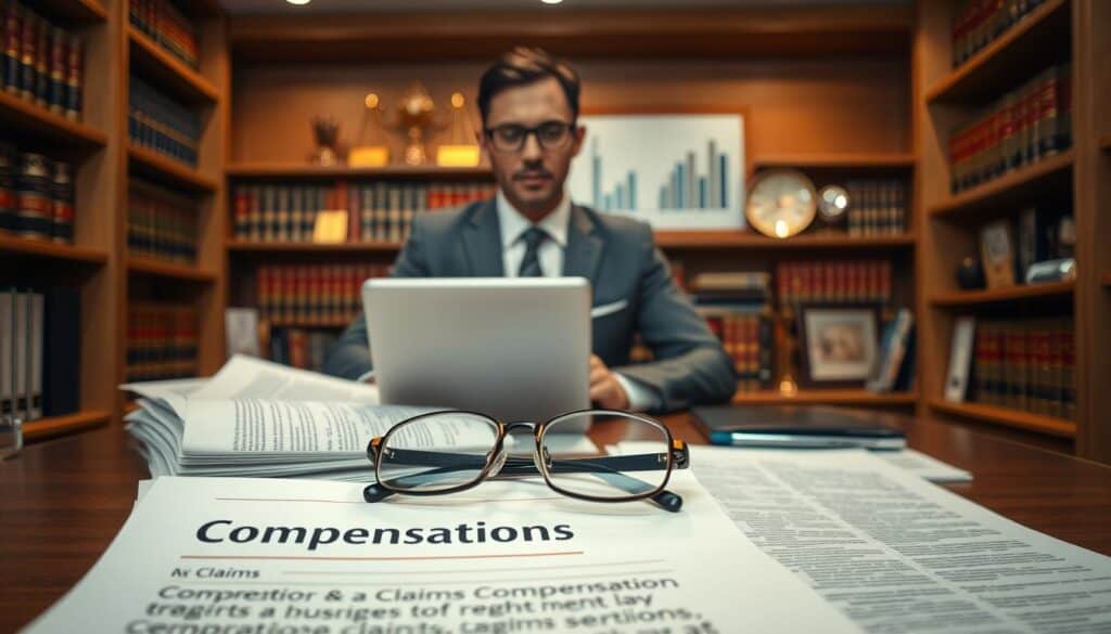 A well-organized legal office environment depicting a professional setting focused on insurance claims and compensation laws. In the foreground, a desk with neatly stacked legal documents titled "Compensation Regulations" and a pair of glasses resting on an open law book. In the middle, a confident legal professional in formal attire is engaged in studying the regulations, with a laptop displaying graphs and charts related to claims. The background features shelves filled with law books and awards, softly lit by warm overhead lighting, creating a focused and serious atmosphere. Use a slightly elevated angle to capture the depth of the office while ensuring clarity on the documents and the professional’s expression. The overall mood conveys diligence and professionalism, highlighting the critical nature of compensation regulations.