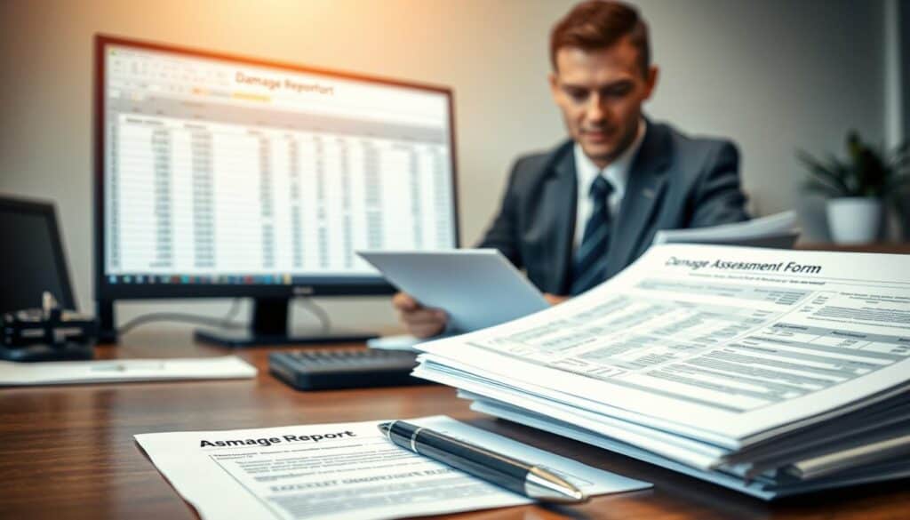 A well-organized office desk scene depicting the process of damage documentation in a claim settlement. In the foreground, a neatly arranged stack of documents labeled "Damage Report" and "Assessment Form," with a sleek pen beside them. The middle layer shows a computer with a spreadsheet open, displaying detailed damage estimates. In the background, a professional-looking individual in business attire reviews notes, with a focused expression, surrounded by soft, ambient office lighting. The atmosphere conveys diligence and preparedness, emphasizing the meticulous nature of preparing for an insurance claim process. The overall mood is serious yet hopeful, suggesting a proactive approach to damage assessment. A well-organized office desk scene depicting the process of damage documentation in a claim settlement. In the foreground, a neatly arranged stack of documents labeled "Damage Report" and "Assessment Form," with a sleek pen beside them. The middle layer shows a computer with a spreadsheet open, displaying detailed damage estimates. In the background, a professional-looking individual in business attire reviews notes, with a focused expression, surrounded by soft, ambient office lighting. The atmosphere conveys diligence and preparedness, emphasizing the meticulous nature of preparing for an insurance claim process. The overall mood is serious yet hopeful, suggesting a proactive approach to damage assessment.