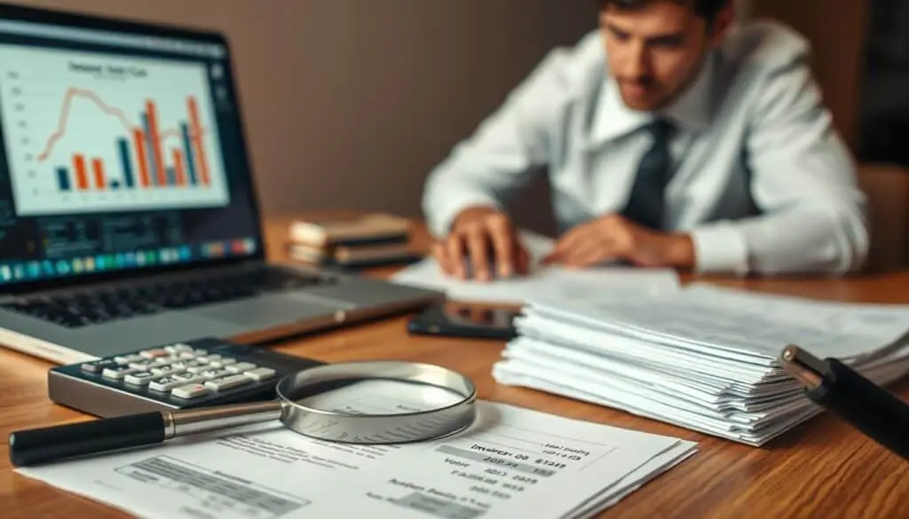 A close-up view of a wooden desk featuring stacks of invoices and documents, symbolizing hidden insurance costs and additional fees. In the foreground, a magnifying glass highlights specific line items in red. The middle ground includes a well-organized calculator beside a laptop displaying a chart comparing costs. In the background, a blurred image of a professional in business attire slightly leaning over the desk, intently reviewing the documents, adds a human element. Warm, soft lighting creates a focused atmosphere, while a subtle depth of field directs attention to the foreground elements. The entire scene conveys a sense of diligence and financial scrutiny.