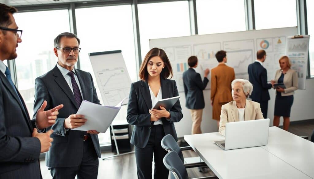 A composition depicting a group of diverse professionals in a modern office setting, discussing recommendations for accident victims. In the foreground, a middle-aged man with glasses in a sharp suit holds a document, gesturing thoughtfully. Beside him, a young woman in a smart blazer takes notes on a tablet, while an older woman with short hair and a professional dress sits at a conference table with a laptop open. In the middle ground, additional team members can be seen brainstorming on a whiteboard filled with charts and strategies. The background features large windows with a view of a cityscape, allowing natural light to illuminate the room. The atmosphere is focused and collaborative, reflecting a sense of urgency and professionalism. A composition depicting a group of diverse professionals in a modern office setting, discussing recommendations for accident victims. In the foreground, a middle-aged man with glasses in a sharp suit holds a document, gesturing thoughtfully. Beside him, a young woman in a smart blazer takes notes on a tablet, while an older woman with short hair and a professional dress sits at a conference table with a laptop open. In the middle ground, additional team members can be seen brainstorming on a whiteboard filled with charts and strategies. The background features large windows with a view of a cityscape, allowing natural light to illuminate the room. The atmosphere is focused and collaborative, reflecting a sense of urgency and professionalism.