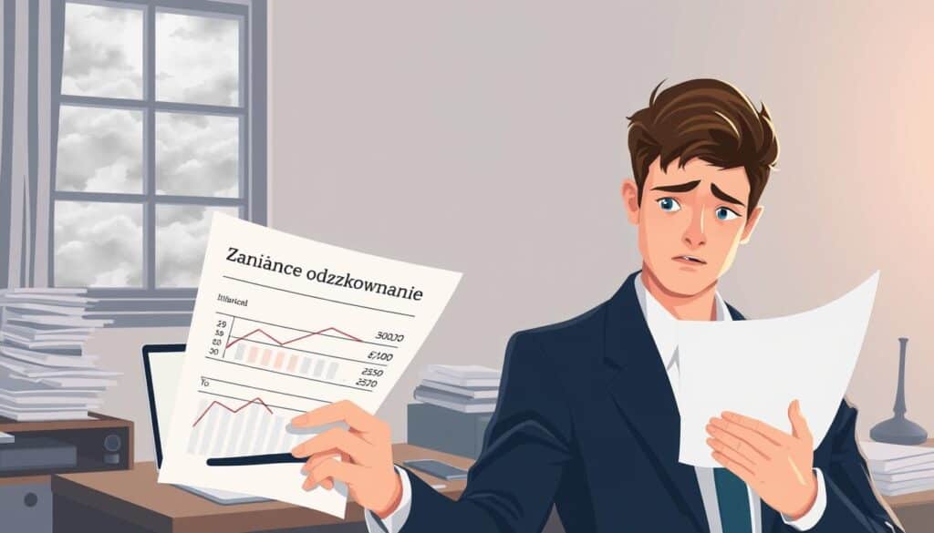 A conceptual illustration depicting "Zaniżone odszkodowanie" in a professional context. In the foreground, a slightly worried young professional, dressed in a smart business suit, is examining a document labeled "Insurance Settlement" with unclear figures. The middle ground features a cluttered office desk with a laptop displaying a financial graph showing declining numbers. The background shows a window with gray clouds, implying a gloomy atmosphere. Soft, natural lighting filters through the window, creating a reflective mood. The composition emphasizes the tension of dealing with inadequate compensation while maintaining a clear, focused view without any distractions. The entire scene should evoke a sense of concern and contemplation about financial justice. A conceptual illustration depicting "Zaniżone odszkodowanie" in a professional context. In the foreground, a slightly worried young professional, dressed in a smart business suit, is examining a document labeled "Insurance Settlement" with unclear figures. The middle ground features a cluttered office desk with a laptop displaying a financial graph showing declining numbers. The background shows a window with gray clouds, implying a gloomy atmosphere. Soft, natural lighting filters through the window, creating a reflective mood. The composition emphasizes the tension of dealing with inadequate compensation while maintaining a clear, focused view without any distractions. The entire scene should evoke a sense of concern and contemplation about financial justice.