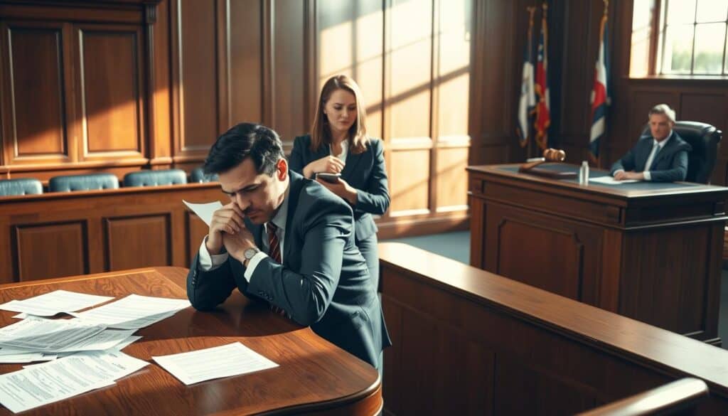 A courtroom scene illustrating a dispute between an individual and an insurance company. In the foreground, a professional-looking man in a suit is seated at a wooden table, looking frustrated, with insurance documents scattered around him. The middle ground features a poised female lawyer, also in business attire, standing beside him, pointing at the documents with a concerned expression. In the background, a judge presides over the case, seated behind a large desk with a gavel, creating a serious atmosphere. Soft, natural lighting filters through a nearby window, casting gentle shadows that enhance the tension in the room. The overall mood is one of frustration and determination, reflecting the complexities of insurance disputes. A courtroom scene illustrating a dispute between an individual and an insurance company. In the foreground, a professional-looking man in a suit is seated at a wooden table, looking frustrated, with insurance documents scattered around him. The middle ground features a poised female lawyer, also in business attire, standing beside him, pointing at the documents with a concerned expression. In the background, a judge presides over the case, seated behind a large desk with a gavel, creating a serious atmosphere. Soft, natural lighting filters through a nearby window, casting gentle shadows that enhance the tension in the room. The overall mood is one of frustration and determination, reflecting the complexities of insurance disputes.