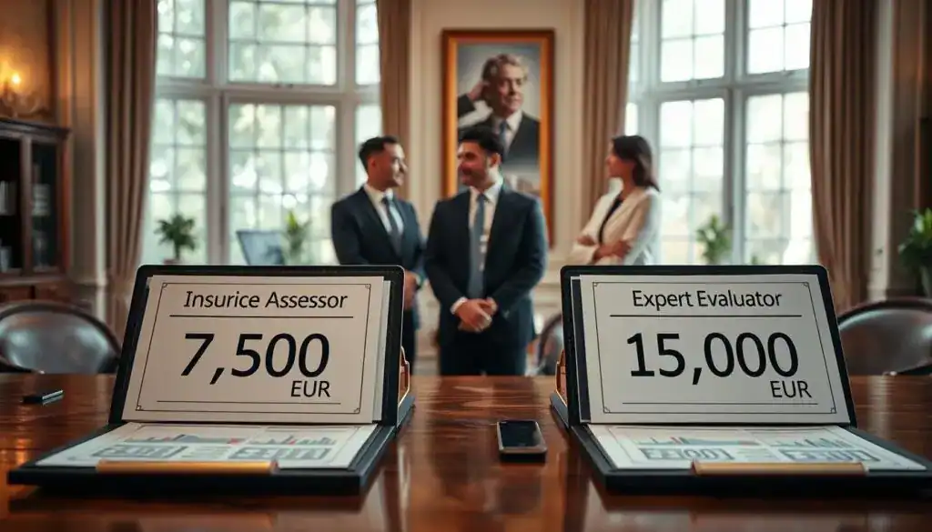 A detailed comparison visual of insurance assessments, highlighting two distinct values: 7,500 EUR and 15,000 EUR, presented in a professional setting. In the foreground, a handsome wooden desk holds two folders labeled "Insurance Assessor" and "Expert Evaluator," showcasing documents with graphs and figures. The middle section features two well-dressed professionals, one representing the insurance company and the other the expert evaluator, engaged in a discussion, both exuding confidence and professionalism. In the background, a large window allows natural light to illuminate the scene, creating a warm and inviting atmosphere. The room is elegantly decorated, suggesting a corporate environment where financial evaluations occur. Use soft but clear lighting to enhance the focus on the individuals and documents without any distractions. A detailed comparison visual of insurance assessments, highlighting two distinct values: 7,500 EUR and 15,000 EUR, presented in a professional setting. In the foreground, a handsome wooden desk holds two folders labeled "Insurance Assessor" and "Expert Evaluator," showcasing documents with graphs and figures. The middle section features two well-dressed professionals, one representing the insurance company and the other the expert evaluator, engaged in a discussion, both exuding confidence and professionalism. In the background, a large window allows natural light to illuminate the scene, creating a warm and inviting atmosphere. The room is elegantly decorated, suggesting a corporate environment where financial evaluations occur. Use soft but clear lighting to enhance the focus on the individuals and documents without any distractions.