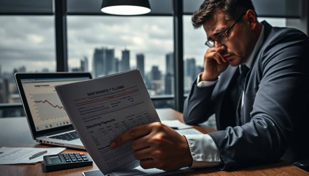 A detailed depiction of a frustrated insurance adjuster in a modern office environment, wearing professional attire, sitting at a desk cluttered with paperwork and a calculator. In the foreground, a close-up of the adjuster’s hands holds a claim document with visible red ink denoting low compensation figures. The middle ground shows an open laptop displaying graphs and charts representing declining payouts. In the background, a large window reveals a dreary cityscape under overcast skies, creating a somber mood. The lighting is dim, emanating from an overhead light with shadows casting on the desk, enhancing the atmosphere of dissatisfaction and tension regarding claims handling. The entire scene captures the essence of the challenges faced in the insurance claims process. A detailed depiction of a frustrated insurance adjuster in a modern office environment, wearing professional attire, sitting at a desk cluttered with paperwork and a calculator. In the foreground, a close-up of the adjuster’s hands holds a claim document with visible red ink denoting low compensation figures. The middle ground shows an open laptop displaying graphs and charts representing declining payouts. In the background, a large window reveals a dreary cityscape under overcast skies, creating a somber mood. The lighting is dim, emanating from an overhead light with shadows casting on the desk, enhancing the atmosphere of dissatisfaction and tension regarding claims handling. The entire scene captures the essence of the challenges faced in the insurance claims process.