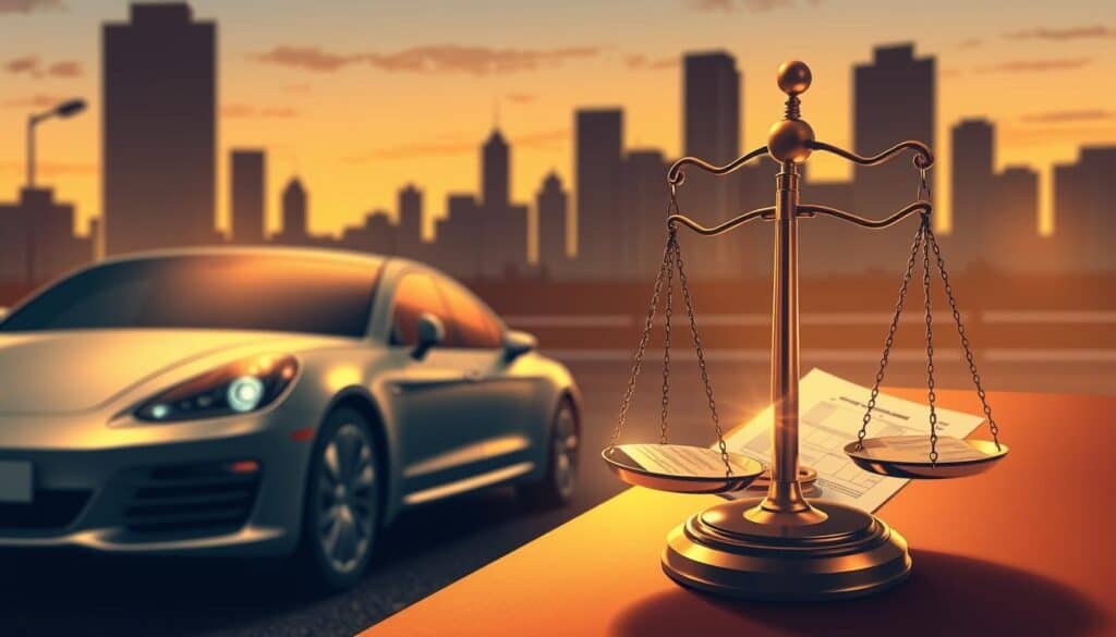A detailed illustration focusing on the concept of "market value of a vehicle." In the foreground, a sleek, modern car is parked, highlighting its features like shiny paint and clean lines. In the middle, a scale or balance symbolically represents the concept of valuation, with vehicle papers or documents casually placed beside it. In the background, soft silhouettes of city buildings at dusk create an urban atmosphere. The lighting is warm and inviting, casting gentle shadows that enhance the depth of the scene. The angle is slightly elevated, capturing both the car and the symbolic elements in a harmonious composition. Overall, the mood conveys a sense of professionalism and analytical insight into automotive valuation. A detailed illustration focusing on the concept of "market value of a vehicle." In the foreground, a sleek, modern car is parked, highlighting its features like shiny paint and clean lines. In the middle, a scale or balance symbolically represents the concept of valuation, with vehicle papers or documents casually placed beside it. In the background, soft silhouettes of city buildings at dusk create an urban atmosphere. The lighting is warm and inviting, casting gentle shadows that enhance the depth of the scene. The angle is slightly elevated, capturing both the car and the symbolic elements in a harmonious composition. Overall, the mood conveys a sense of professionalism and analytical insight into automotive valuation.