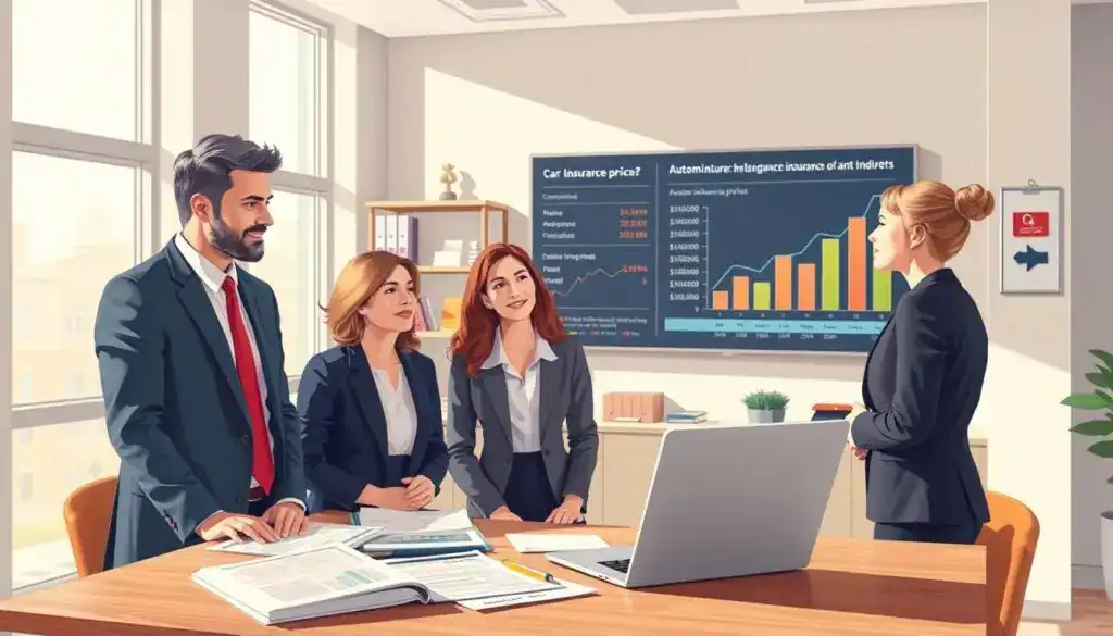 A detailed illustration of a modern insurance office, set in a bright, professional atmosphere. In the foreground, a diverse group of three professionals, a man in a tailored suit and two women in smart business attire, engaged in a discussion over a table with insurance documents and a laptop open, displaying charts. In the middle background, shelves filled with insurance brochures and a large wall-mounted screen showing graphical data related to automotive insurance pricing. Soft, natural lighting filters through large windows, illuminating the room with a warm glow. The overall mood is thoughtful and dynamic, reflecting a discussion about the differing car insurance valuations in a competitive market. A detailed illustration of a modern insurance office, set in a bright, professional atmosphere. In the foreground, a diverse group of three professionals, a man in a tailored suit and two women in smart business attire, engaged in a discussion over a table with insurance documents and a laptop open, displaying charts. In the middle background, shelves filled with insurance brochures and a large wall-mounted screen showing graphical data related to automotive insurance pricing. Soft, natural lighting filters through large windows, illuminating the room with a warm glow. The overall mood is thoughtful and dynamic, reflecting a discussion about the differing car insurance valuations in a competitive market.