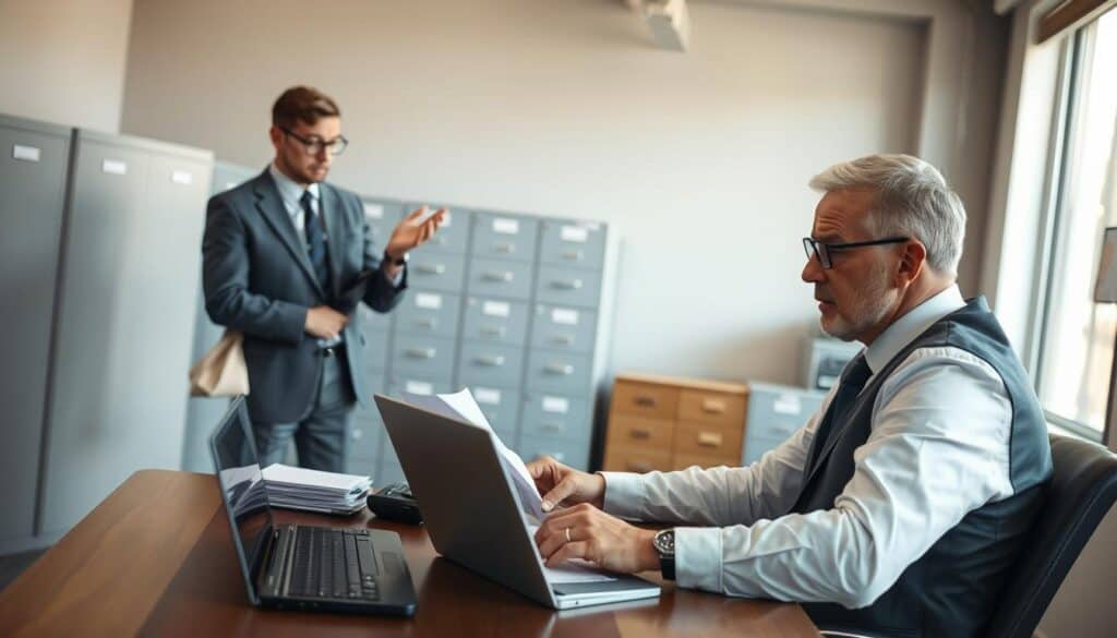 A detailed, professional scene depicting an insurance claims process for vehicle damage. In the foreground, a well-dressed insurance adjuster sits at a desk, analyzing documents and using a laptop, with a focused expression. In the middle ground, a customer in business attire gestures towards the adjuster's screen, expressing concern over their claim. In the background, an office environment filled with filing cabinets and a large window letting in soft, natural light, creating a calm but serious atmosphere. The composition should evoke a mood of professionalism and attentiveness, highlighting the interactions between the adjuster and the client. Use a slightly elevated angle to capture the entirety of the scene effectively, ensuring clarity in the details. A detailed, professional scene depicting an insurance claims process for vehicle damage. In the foreground, a well-dressed insurance adjuster sits at a desk, analyzing documents and using a laptop, with a focused expression. In the middle ground, a customer in business attire gestures towards the adjuster's screen, expressing concern over their claim. In the background, an office environment filled with filing cabinets and a large window letting in soft, natural light, creating a calm but serious atmosphere. The composition should evoke a mood of professionalism and attentiveness, highlighting the interactions between the adjuster and the client. Use a slightly elevated angle to capture the entirety of the scene effectively, ensuring clarity in the details.