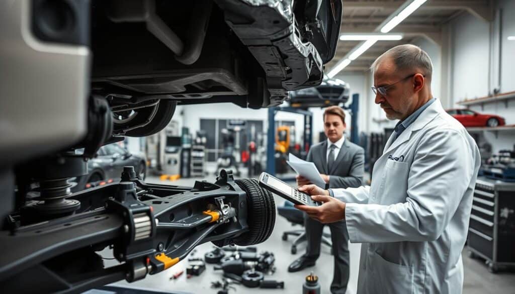 A detailed scene depicting a vehicle inspection in a modern automotive workshop. In the foreground, a professional mechanic in a white lab coat meticulously examining a damaged vehicle’s chassis and suspension system, using diagnostic tools. In the middle ground, various mechanical equipment and parts scattered around indicate an active work environment, while a second technician discusses repair options with a client, both dressed in smart business attire. The background showcases a well-lit workshop with tools and an inspection lift, complemented by bright overhead lighting casting clear shadows. The atmosphere conveys a sense of urgency and professionalism, emphasizing the impact of a vehicle's technical condition on insurance evaluations. Clear depth of field, with a focus on the mechanics, while the background softly blurs. A detailed scene depicting a vehicle inspection in a modern automotive workshop. In the foreground, a professional mechanic in a white lab coat meticulously examining a damaged vehicle’s chassis and suspension system, using diagnostic tools. In the middle ground, various mechanical equipment and parts scattered around indicate an active work environment, while a second technician discusses repair options with a client, both dressed in smart business attire. The background showcases a well-lit workshop with tools and an inspection lift, complemented by bright overhead lighting casting clear shadows. The atmosphere conveys a sense of urgency and professionalism, emphasizing the impact of a vehicle's technical condition on insurance evaluations. Clear depth of field, with a focus on the mechanics, while the background softly blurs.