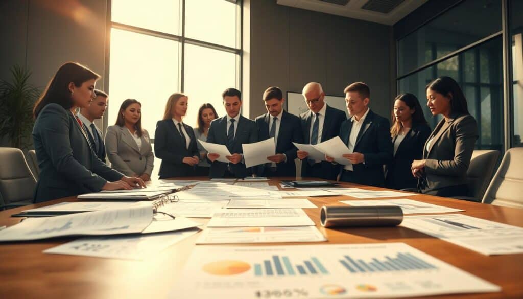 A detailed scene depicting an insurance claims process in a modern office environment. In the foreground, a diverse group of business professionals in formal attire engaged in a discussion over paperwork, illustrating the complexities of a claims evaluation. The middle ground shows a large conference table with charts and graphs related to insurance regulations and compensation amounts spread out, emphasizing the analytical aspect. In the background, a sleek office with large windows letting in soft, natural light, casting gentle shadows, enhancing the mood of seriousness and professionalism. The atmosphere is focused and collaborative, with a hint of tension as they navigate through regulatory changes that affect compensation amounts. Shot from a slightly elevated angle to capture the entire scene. A detailed scene depicting an insurance claims process in a modern office environment. In the foreground, a diverse group of business professionals in formal attire engaged in a discussion over paperwork, illustrating the complexities of a claims evaluation. The middle ground shows a large conference table with charts and graphs related to insurance regulations and compensation amounts spread out, emphasizing the analytical aspect. In the background, a sleek office with large windows letting in soft, natural light, casting gentle shadows, enhancing the mood of seriousness and professionalism. The atmosphere is focused and collaborative, with a hint of tension as they navigate through regulatory changes that affect compensation amounts. Shot from a slightly elevated angle to capture the entire scene.