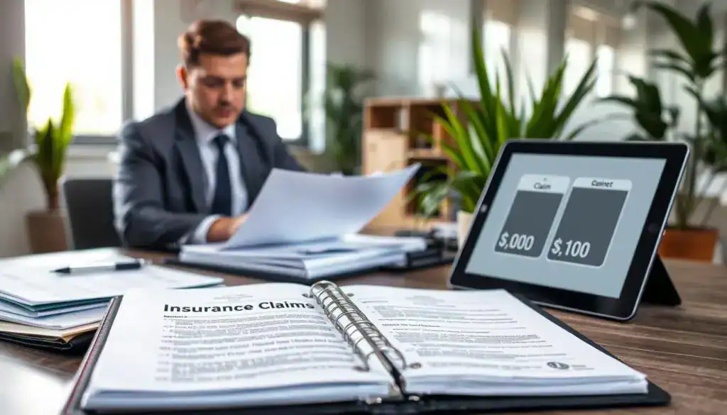 A detailed scene depicting the process of filing an insurance claim. In the foreground, a professional, dressed in business attire, is seated at a desk with papers and a laptop, looking engaged and focused. The middle ground shows a large, open binder labeled "Insurance Claims" with neatly organized documents and notes. To the side, a digital tablet displays a graphic of two contrasting claim amounts, visually emphasizing a comparison. In the background, the office is well-lit with natural light streaming through a window, plants adding a touch of greenery. The atmosphere is serious and professional, reflecting the importance of the insurance claims process. The image should not include any text or logos.