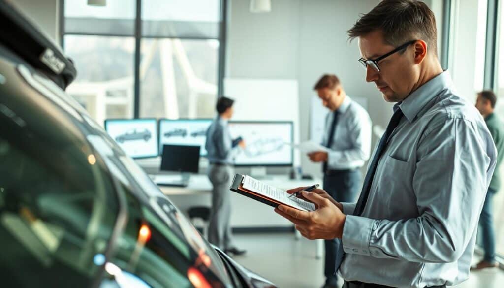 A detailed scene illustrating the process of damage assessment by insurance adjusters in a modern office environment. In the foreground, a professional in business attire meticulously examining a damaged vehicle, jotting down notes on a clipboard. The middle layer features a large window allowing natural light to flood the room, with an organized desk and computer screens displaying diagrams of vehicle damages. In the background, an insurance adjuster discusses findings with another colleague, who is analyzing documents. The atmosphere is focused and analytical, with a slight sense of urgency. Soft, diffused lighting creates a warm yet professional ambiance, capturing the seriousness of the damage evaluation process. A detailed scene illustrating the process of damage assessment by insurance adjusters in a modern office environment. In the foreground, a professional in business attire meticulously examining a damaged vehicle, jotting down notes on a clipboard. The middle layer features a large window allowing natural light to flood the room, with an organized desk and computer screens displaying diagrams of vehicle damages. In the background, an insurance adjuster discusses findings with another colleague, who is analyzing documents. The atmosphere is focused and analytical, with a slight sense of urgency. Soft, diffused lighting creates a warm yet professional ambiance, capturing the seriousness of the damage evaluation process.