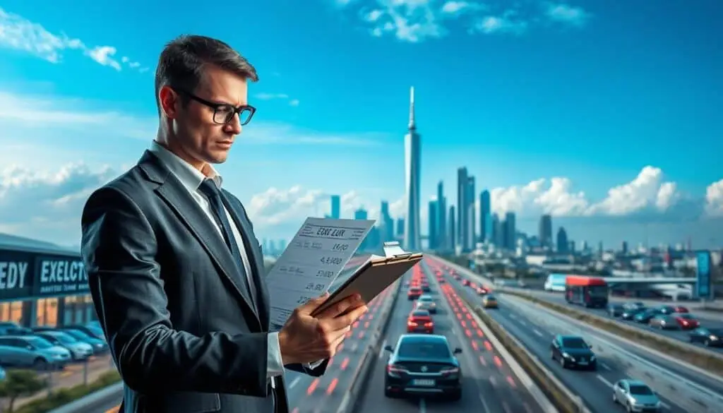 A dynamic scene depicting the influence of the automotive market on vehicle valuation. In the foreground, a professional businessperson in formal attire examines two contrasting car valuations on a clipboard: 4,900 EUR and 10,200 EUR, emphasizing the price disparity. The middle ground features an elegant, futuristic city skyline with automotive dealerships and bustling traffic, symbolizing market activity and diversity. The background is a seamless blend of blue skies and soft clouds, creating an optimistic atmosphere. Dramatic lighting highlights the businessperson, drawing attention to their focused expression, as a wide-angle lens captures the interplay between the individual and the vibrant market environment. The overall mood is analytical and forward-looking, reflecting the impact of market forces. A dynamic scene depicting the influence of the automotive market on vehicle valuation. In the foreground, a professional businessperson in formal attire examines two contrasting car valuations on a clipboard: 4,900 EUR and 10,200 EUR, emphasizing the price disparity. The middle ground features an elegant, futuristic city skyline with automotive dealerships and bustling traffic, symbolizing market activity and diversity. The background is a seamless blend of blue skies and soft clouds, creating an optimistic atmosphere. Dramatic lighting highlights the businessperson, drawing attention to their focused expression, as a wide-angle lens captures the interplay between the individual and the vibrant market environment. The overall mood is analytical and forward-looking, reflecting the impact of market forces.