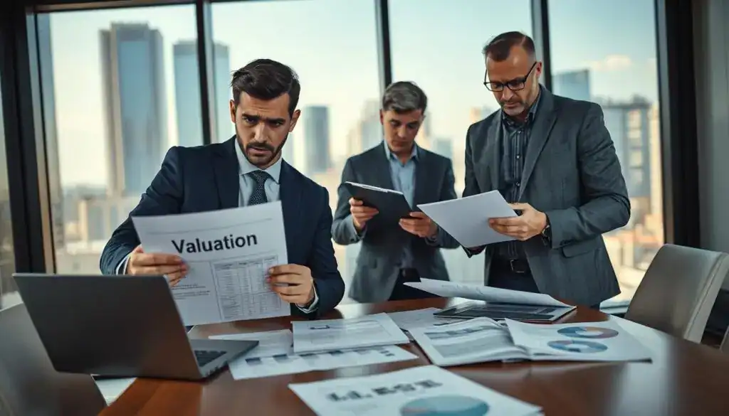 A dynamic scene featuring two professionals in a modern office setting. In the foreground, a confident insurance agent in a tailored navy suit, holding a laptop, gestures towards a large document labeled "Valuation" with a concerned expression. Opposite him, a skilled expert in a smart grey blazer, analyzing a clipboard with graphs and numbers, displays a resolute demeanor. In the middle, a stylish conference table is laden with reports and analytical tools. The background shows an urban skyline through large windows, casting soft daylight into the room. The mood is intense and focused, reflecting a serious discussion on valuations. The angle is slightly angled from above to capture both faces and the documentation prominently.