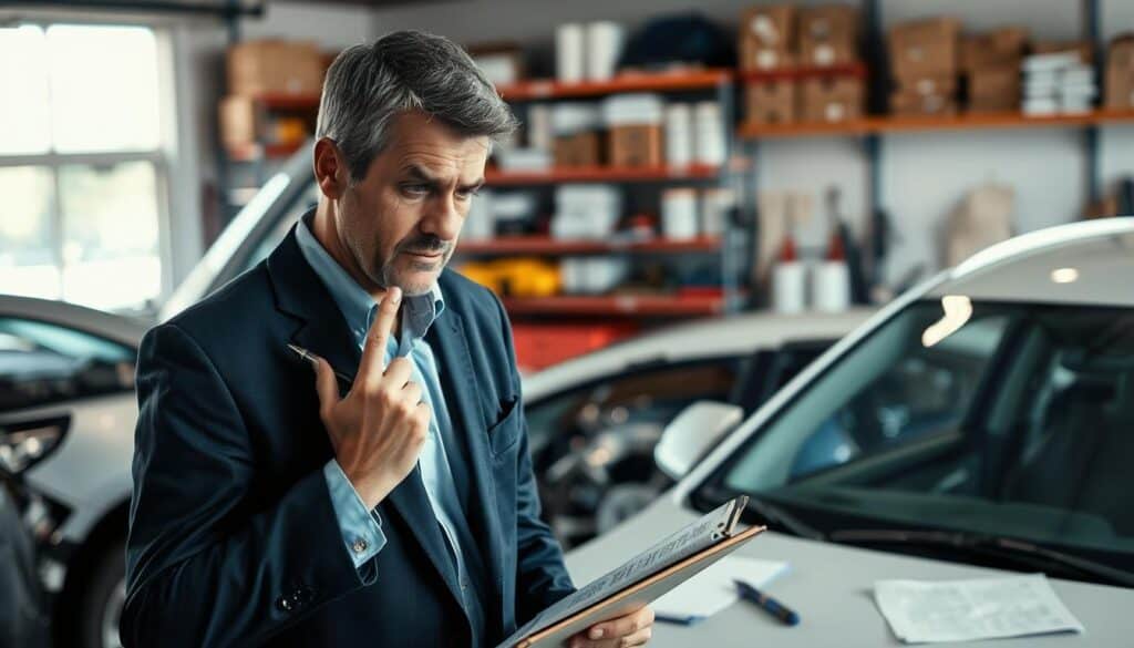 A focused scene depicting a perplexed insurance adjuster examining damaged vehicles in a garage. Foreground: a detailed close-up of the adjuster wearing a professional business suit, holding a clipboard with a pen, deep in thought as he assesses the extent of the damage. Middle ground: two vehicles, one with a visibly dented side and the other with a cracked windshield, surrounded by tools and paperwork, emphasizing the evaluation process. Background: shelves filled with repair manuals and tools, slightly blurred to draw attention to the adjuster and vehicles. The lighting is bright and clinical, with soft shadows, enhancing the serious atmosphere of the assessment. The image should evoke a sense of urgency and thoroughness, capturing the essence of damage evaluation struggles. A focused scene depicting a perplexed insurance adjuster examining damaged vehicles in a garage. Foreground: a detailed close-up of the adjuster wearing a professional business suit, holding a clipboard with a pen, deep in thought as he assesses the extent of the damage. Middle ground: two vehicles, one with a visibly dented side and the other with a cracked windshield, surrounded by tools and paperwork, emphasizing the evaluation process. Background: shelves filled with repair manuals and tools, slightly blurred to draw attention to the adjuster and vehicles. The lighting is bright and clinical, with soft shadows, enhancing the serious atmosphere of the assessment. The image should evoke a sense of urgency and thoroughness, capturing the essence of damage evaluation struggles.
