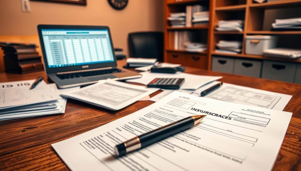A meticulously organized workspace featuring a traditional wooden desk scattered with various documents related to an insurance claim. In the foreground, a close-up of a partially filled claim form, with a pen resting on it, conveying a sense of urgency. The middle ground shows a laptop displaying a spreadsheet of damages and a calculator, emphasizing the analytical nature of the task. The background features a softly lit room, with a filing cabinet filled with neatly arranged paperwork and insurance manuals on a shelf. Warm, ambient lighting creates an atmosphere of seriousness and diligence, reflecting the importance of proper documentation. The overall scene should evoke a feeling of professionalism and attention to detail, suitable for a financial or legal context. A meticulously organized workspace featuring a traditional wooden desk scattered with various documents related to an insurance claim. In the foreground, a close-up of a partially filled claim form, with a pen resting on it, conveying a sense of urgency. The middle ground shows a laptop displaying a spreadsheet of damages and a calculator, emphasizing the analytical nature of the task. The background features a softly lit room, with a filing cabinet filled with neatly arranged paperwork and insurance manuals on a shelf. Warm, ambient lighting creates an atmosphere of seriousness and diligence, reflecting the importance of proper documentation. The overall scene should evoke a feeling of professionalism and attention to detail, suitable for a financial or legal context.