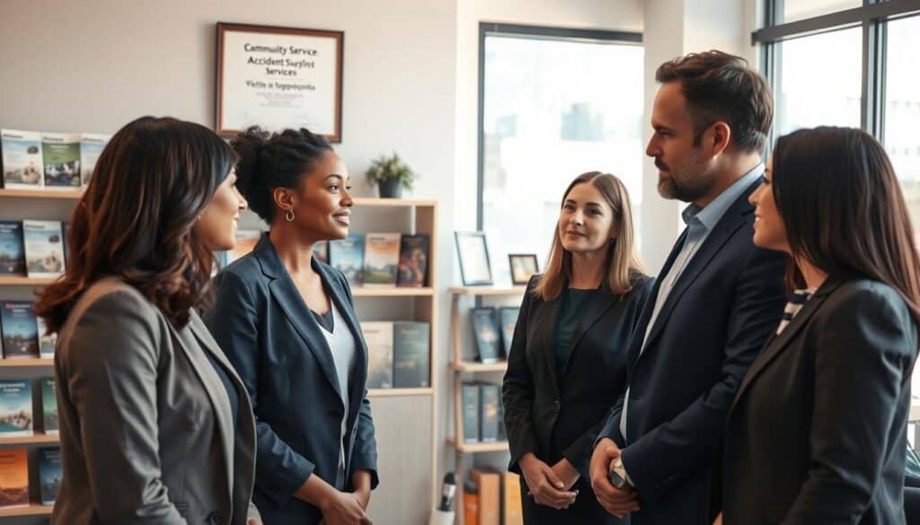 A professional and compassionate scene depicting specialized organizations supporting accident victims. In the foreground, a diverse group of three people in professional business attire—two women and one man—are engaged in a discussion, showcasing empathy and understanding. In the middle ground, a modern office space with shelves filled with brochures about victim support services, as well as a framed certificate on the wall indicating community service. In the background, large windows allow natural sunlight to flood the room, creating a warm and inviting atmosphere. The lighting is soft and diffused, enhancing a hopeful mood. The camera angle is slightly elevated, capturing the interaction and the supportive environment without clutter. No text or symbols are included; focus is solely on the individuals and their dedication to helping others. A professional and compassionate scene depicting specialized organizations supporting accident victims. In the foreground, a diverse group of three people in professional business attire—two women and one man—are engaged in a discussion, showcasing empathy and understanding. In the middle ground, a modern office space with shelves filled with brochures about victim support services, as well as a framed certificate on the wall indicating community service. In the background, large windows allow natural sunlight to flood the room, creating a warm and inviting atmosphere. The lighting is soft and diffused, enhancing a hopeful mood. The camera angle is slightly elevated, capturing the interaction and the supportive environment without clutter. No text or symbols are included; focus is solely on the individuals and their dedication to helping others.