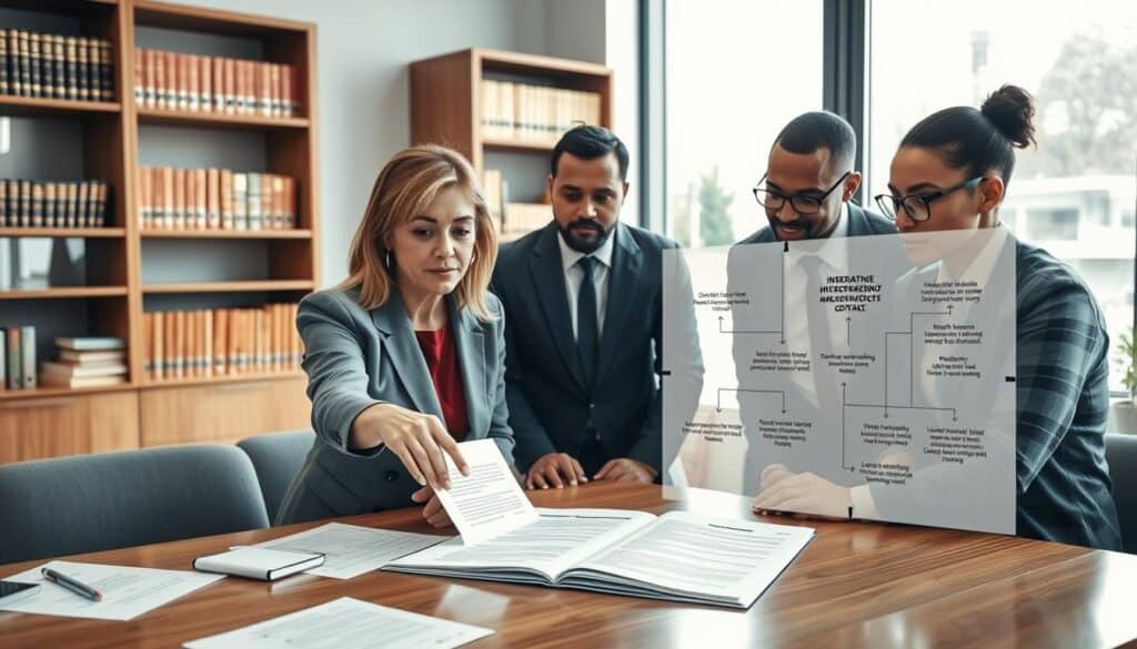 A professional and informative office setting, showcasing a diverse group of four individuals gathered around a conference table, deeply engaged in discussing an insurance contract. In the foreground, a middle-aged woman in business attire points to a detailed document with highlighted sections, showcasing intricate clauses and conditions. The middle layer features a digitally projected insurance flowchart illustrating the interpretation of policy terms, with visible arrows and notes. In the background, bookshelves filled with legal texts and insurance manuals are softly lit by natural light streaming in through large windows, creating a warm atmosphere. The scene conveys concentration and collaboration in a professional context, emphasizing the importance of understanding insurance agreements. The overall mood is serious yet constructive, highlighting teamwork and analysis. A professional and informative office setting, showcasing a diverse group of four individuals gathered around a conference table, deeply engaged in discussing an insurance contract. In the foreground, a middle-aged woman in business attire points to a detailed document with highlighted sections, showcasing intricate clauses and conditions. The middle layer features a digitally projected insurance flowchart illustrating the interpretation of policy terms, with visible arrows and notes. In the background, bookshelves filled with legal texts and insurance manuals are softly lit by natural light streaming in through large windows, creating a warm atmosphere. The scene conveys concentration and collaboration in a professional context, emphasizing the importance of understanding insurance agreements. The overall mood is serious yet constructive, highlighting teamwork and analysis.